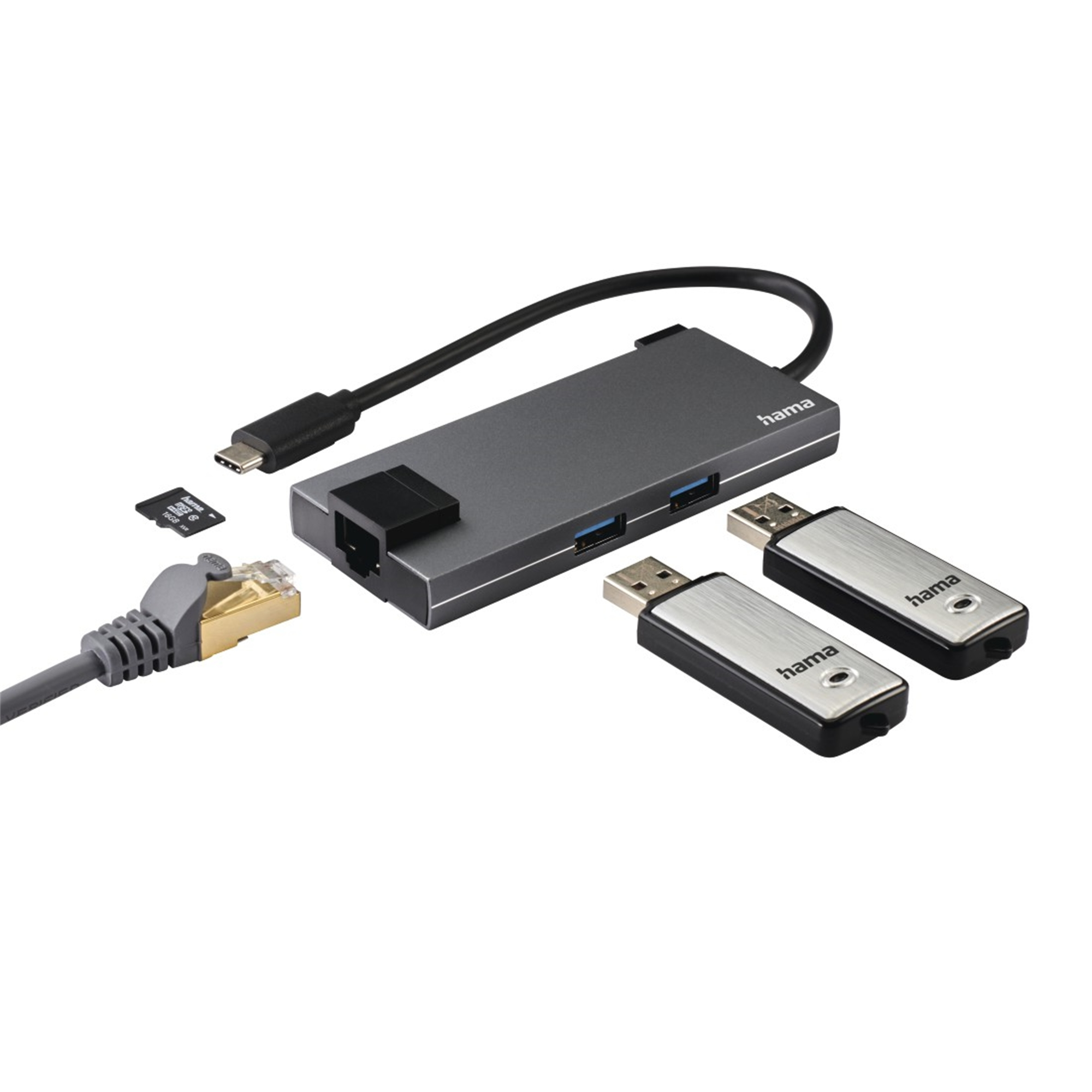 Hub gris avec plusieurs ports, câbles et clés USB.
