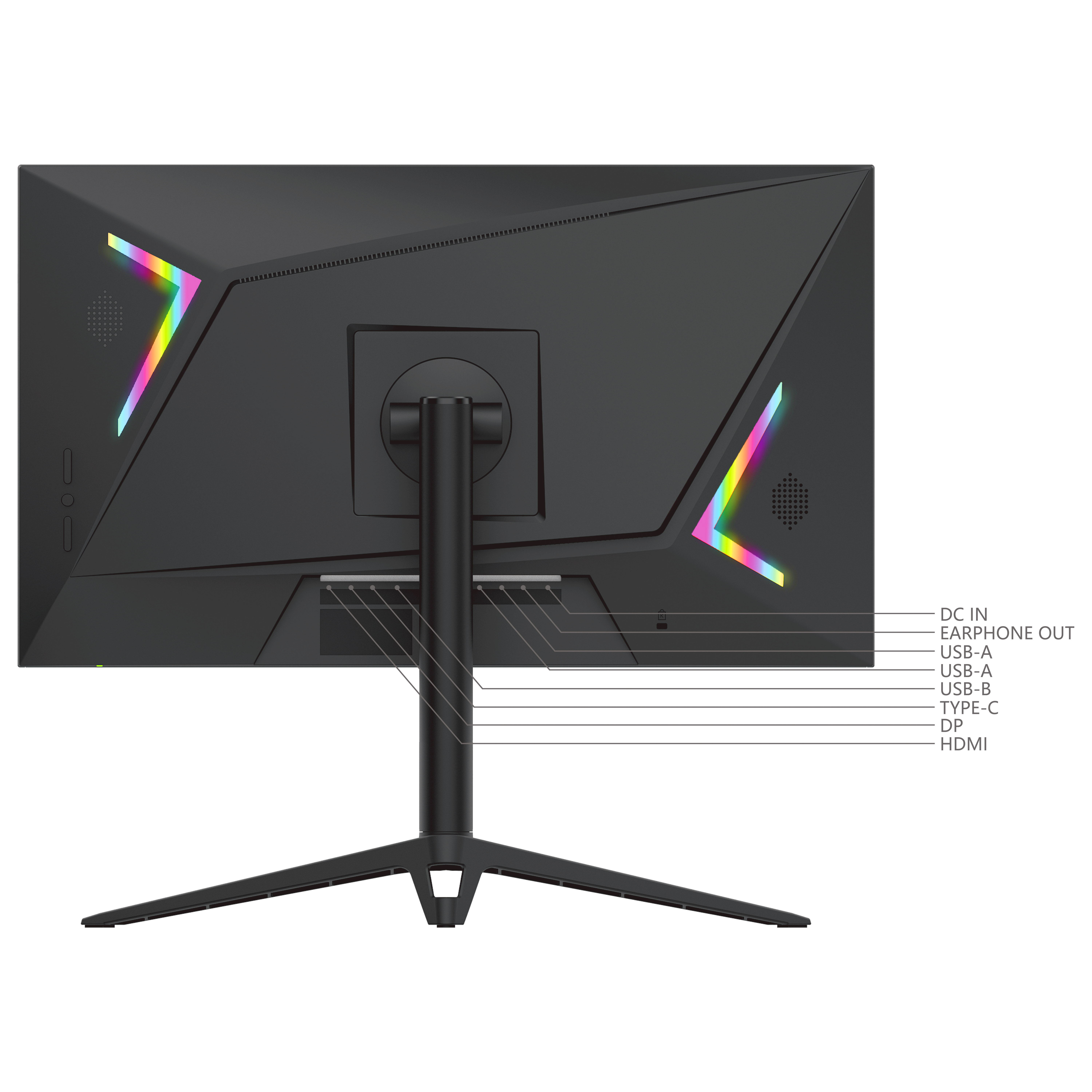 Rückseite des Monitors mit Anschlussbezeichnungen. Schwarz mit bunten Lichtern.