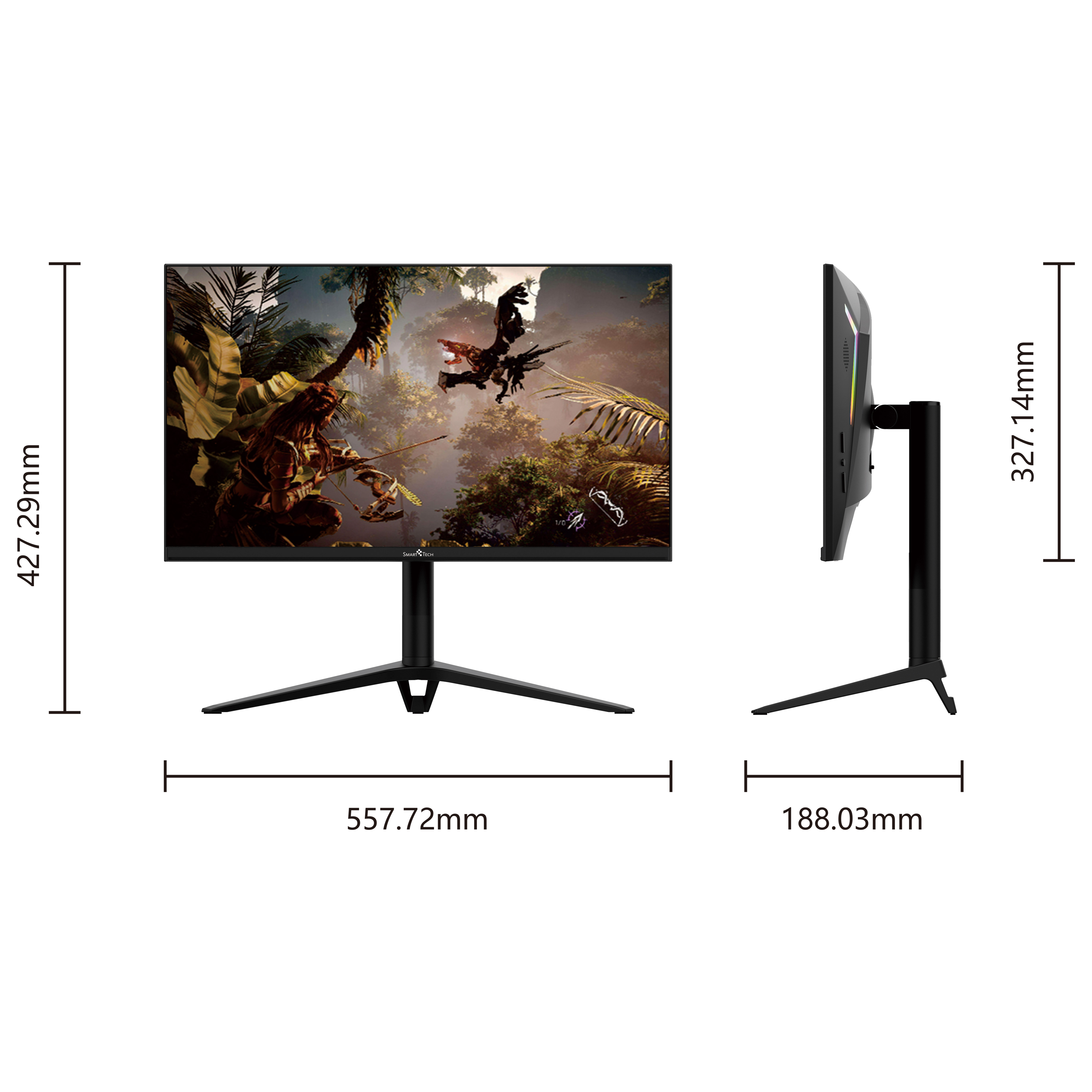 Ein Monitor wird in zwei Ansichten angezeigt: vorne und seitlich, mit Messungen.