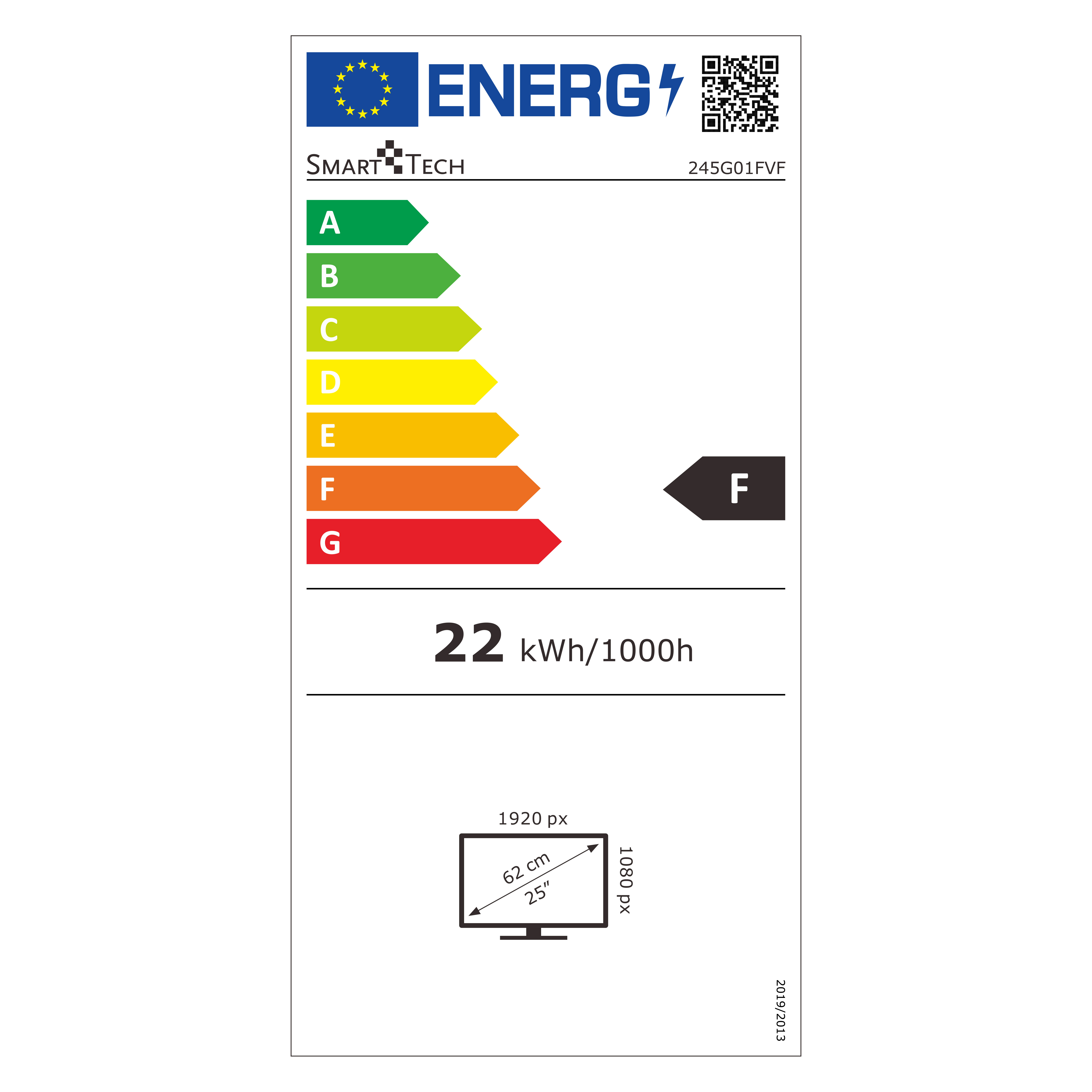 Energielabel mit F-Bewertung und TV-Symbol.
