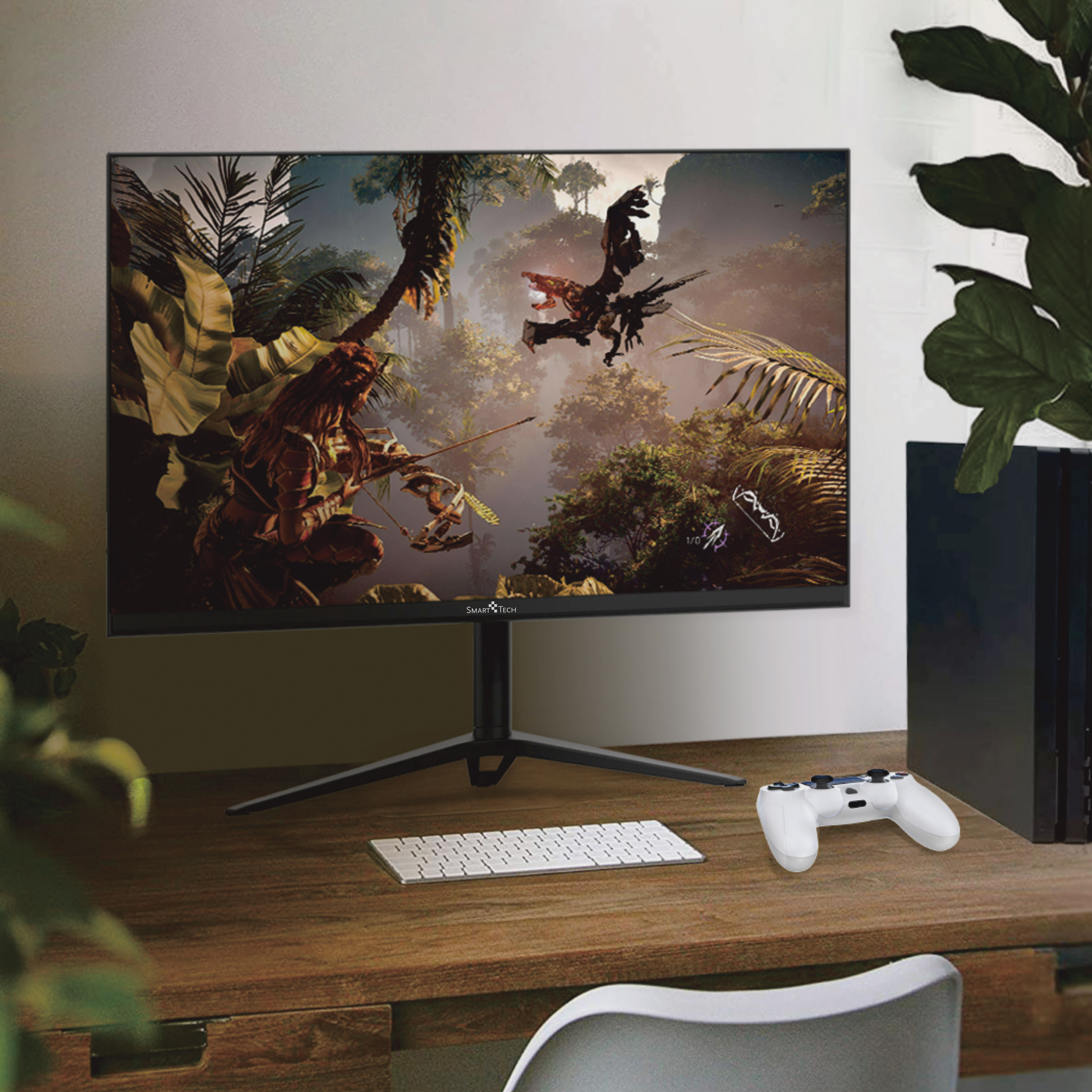 Ein Monitor zeigt eine Videospielszene mit Controller und Tastatur auf einem Schreibtisch.