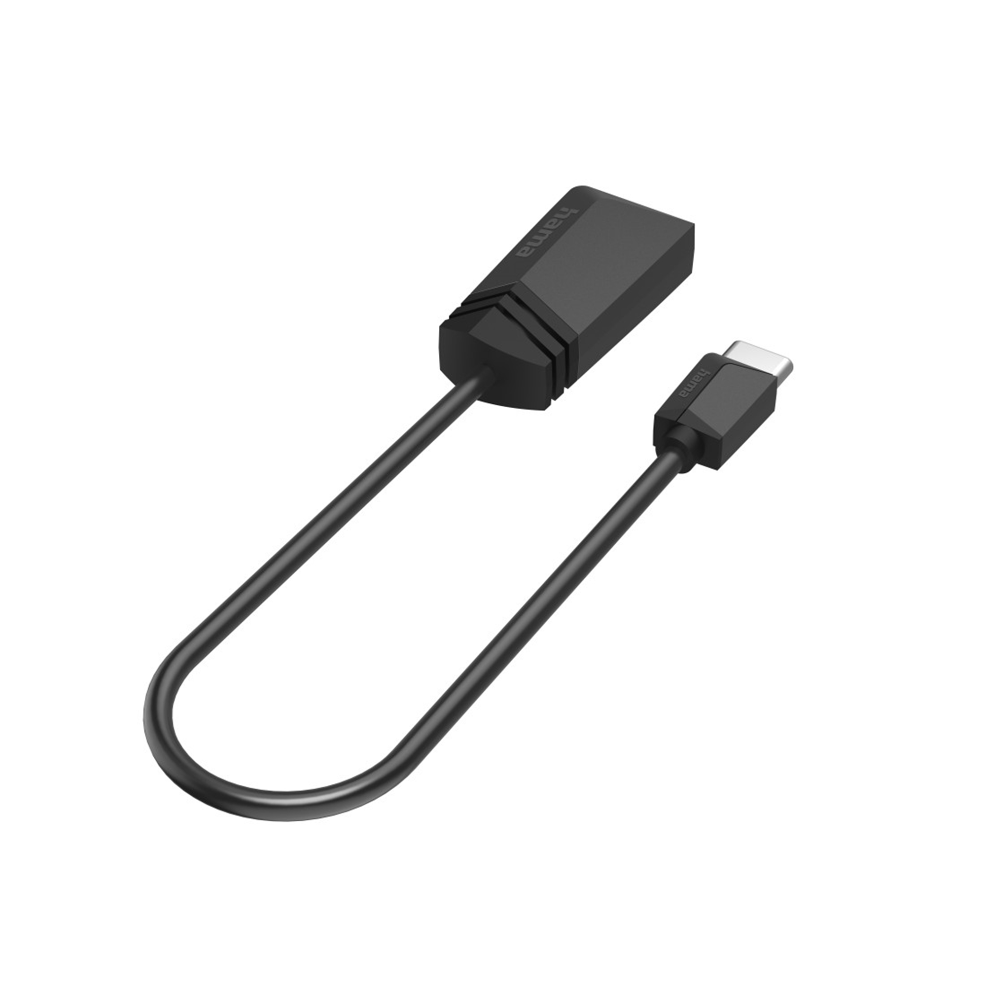 Cable adaptador USB-C negro. El cable tiene forma de U. El adaptador es rectangular.