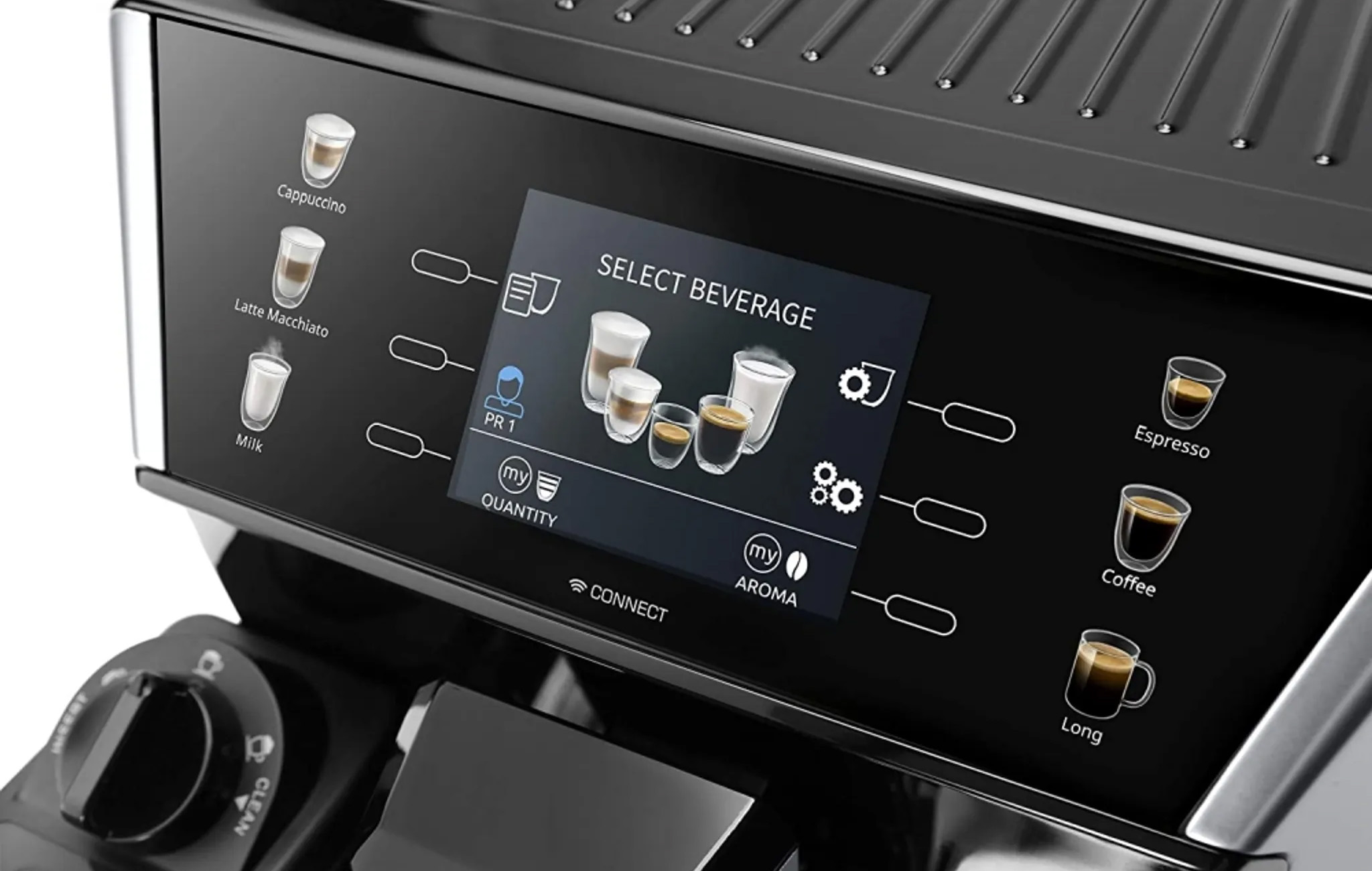 Cafetera espresso con pantalla táctil. Muestra opciones de bebidas: capuchino, café con leche, café, etc.