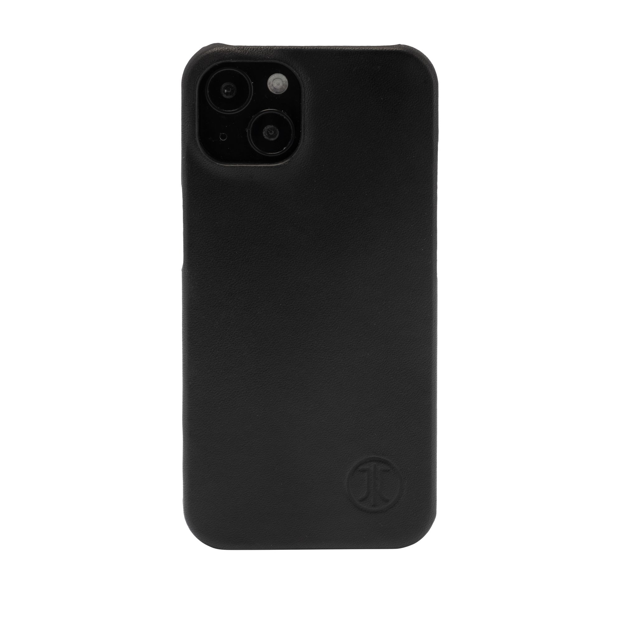 Una custodia nera per telefono con ritaglio per fotocamera e logo.