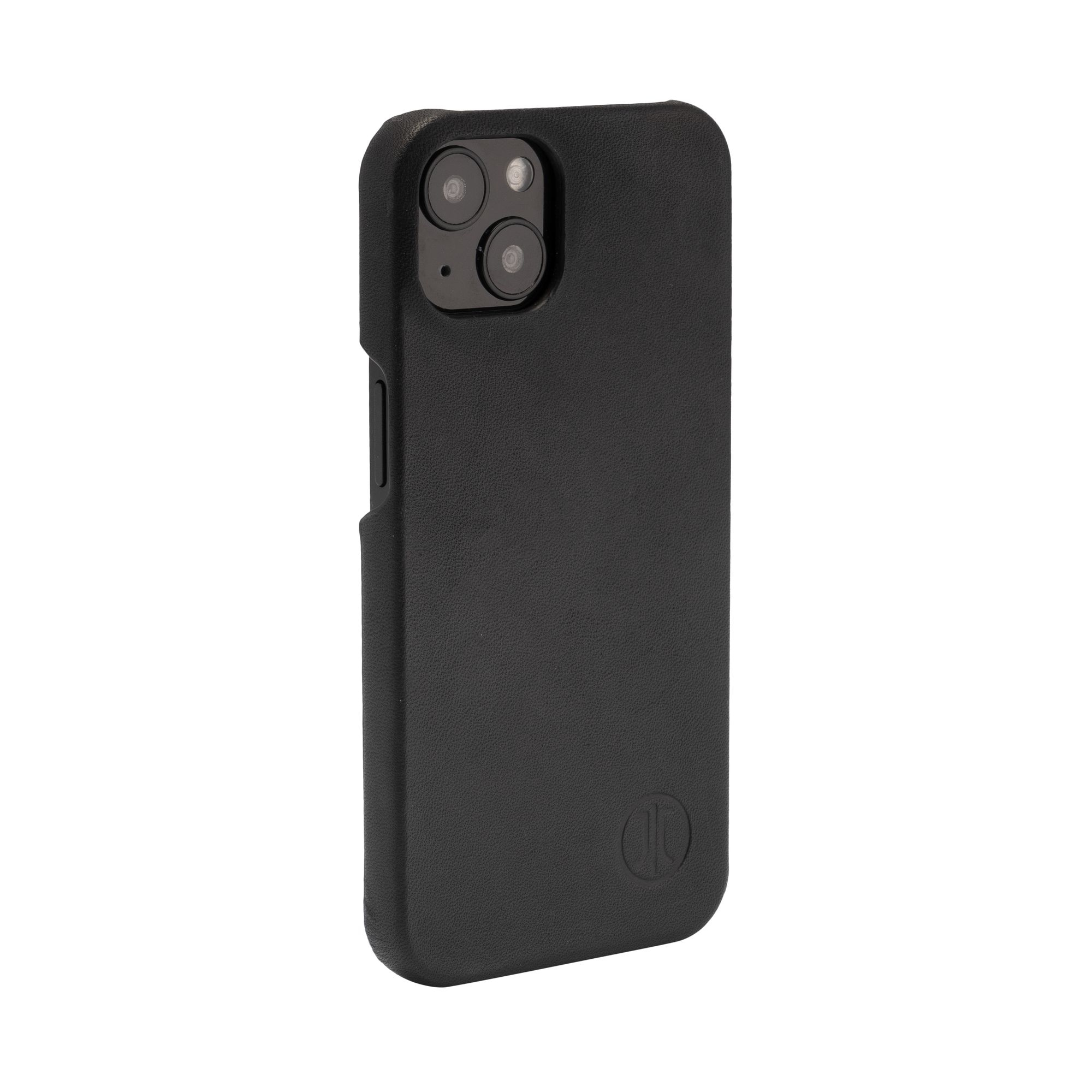 Eine schwarze iPhone-Hülle mit einem Ausschnitt für eine Dual-Objektiv-Kamera. Die Hülle befindet sich auf weißem Hintergrund.