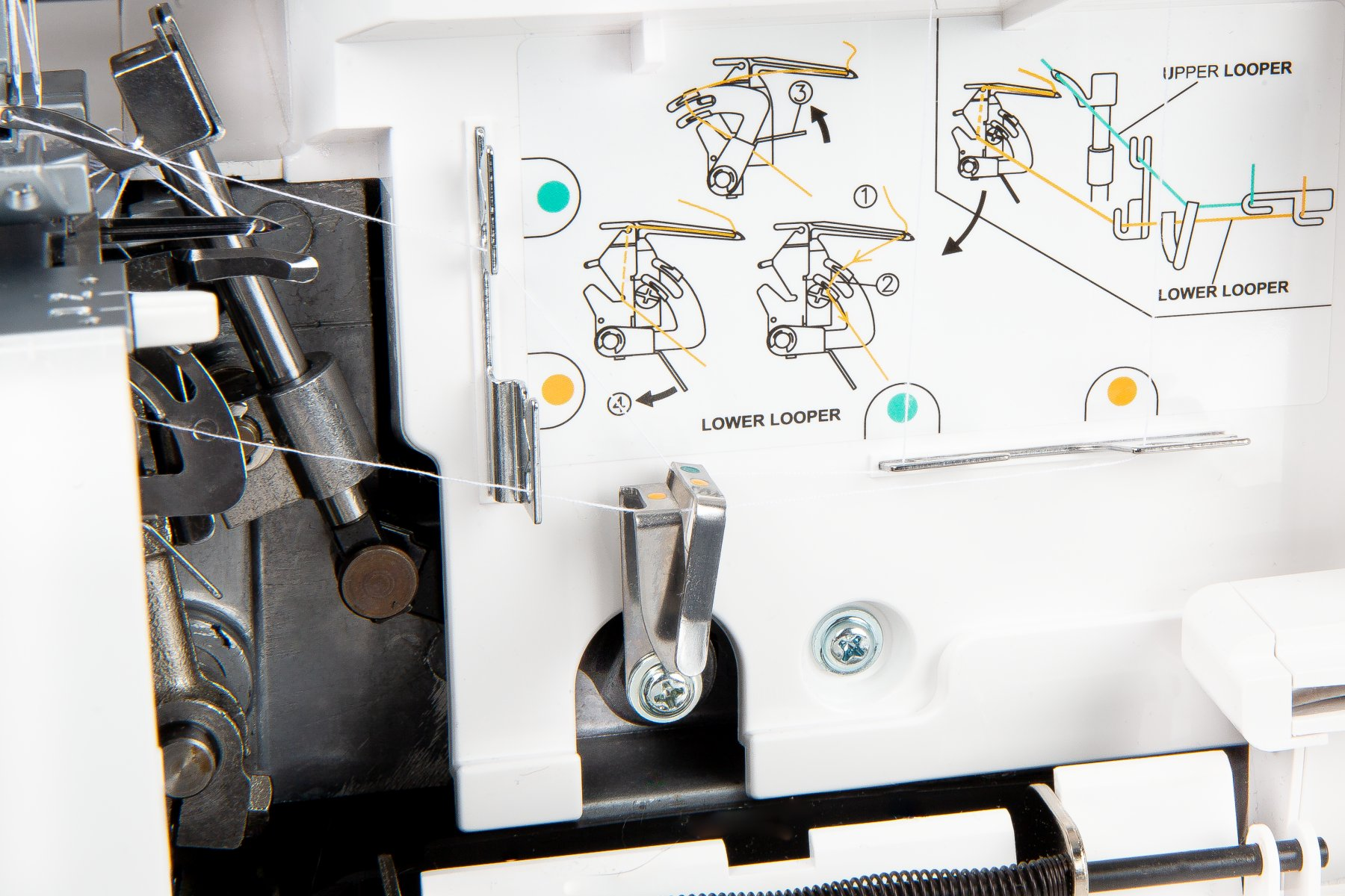 Wnętrze maszyny do szycia pokazujące instrukcje nawlekania i mechanizmy, białe tło.