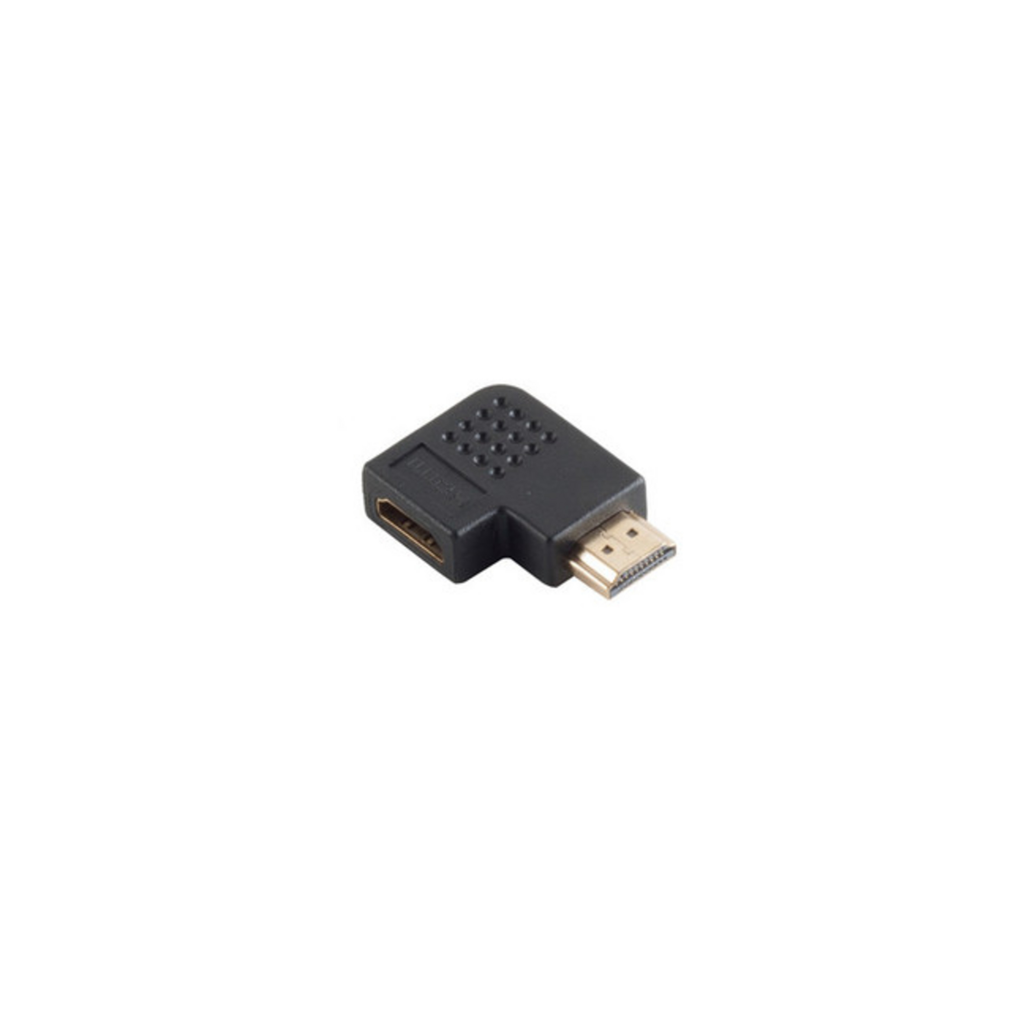 Schwarzer HDMI-Adapter. Es ist ein abgewinkelter Stecker. Der Hintergrund ist weiß.
