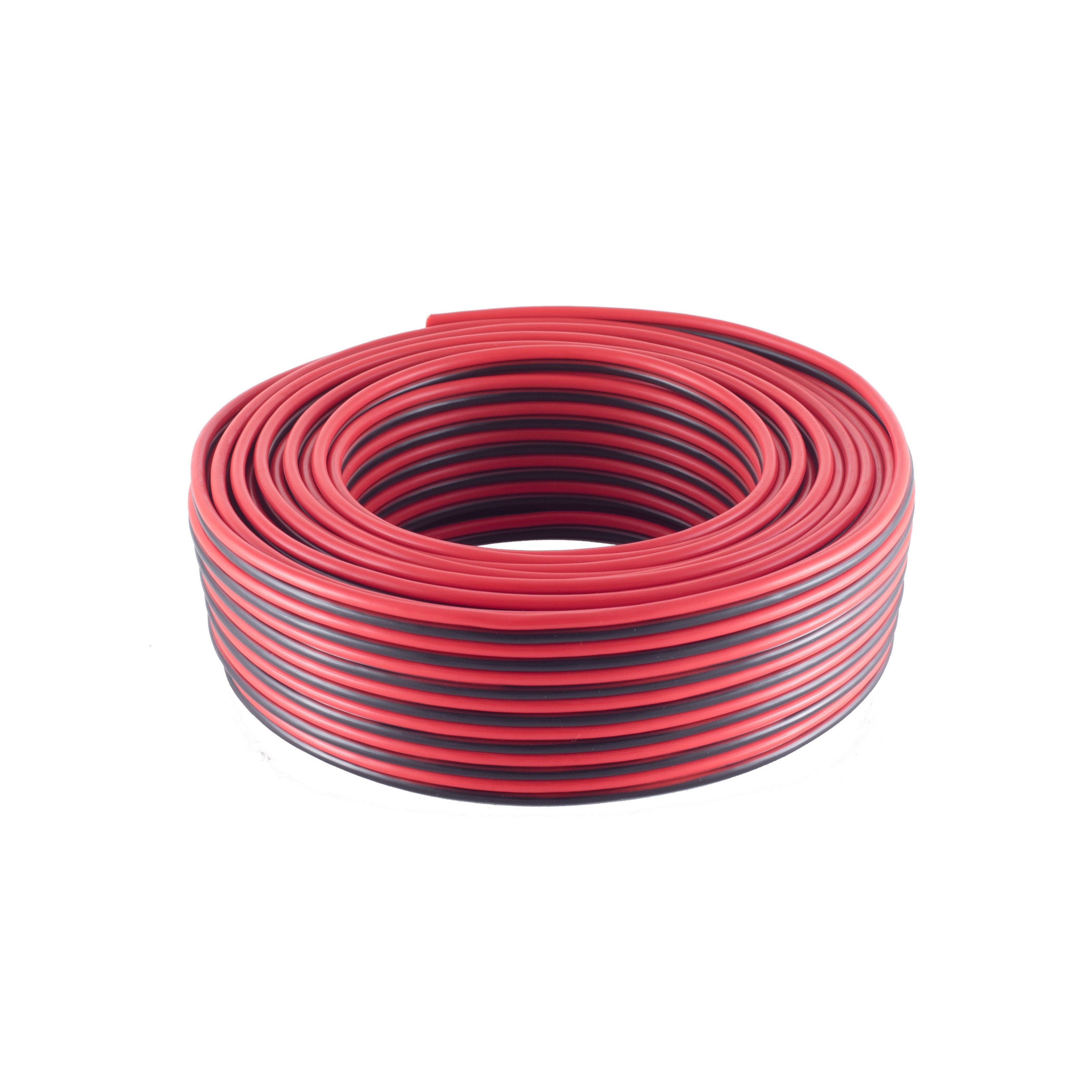 Ein aufgerolltes rot-schwarzes Kabel auf weißem Hintergrund.