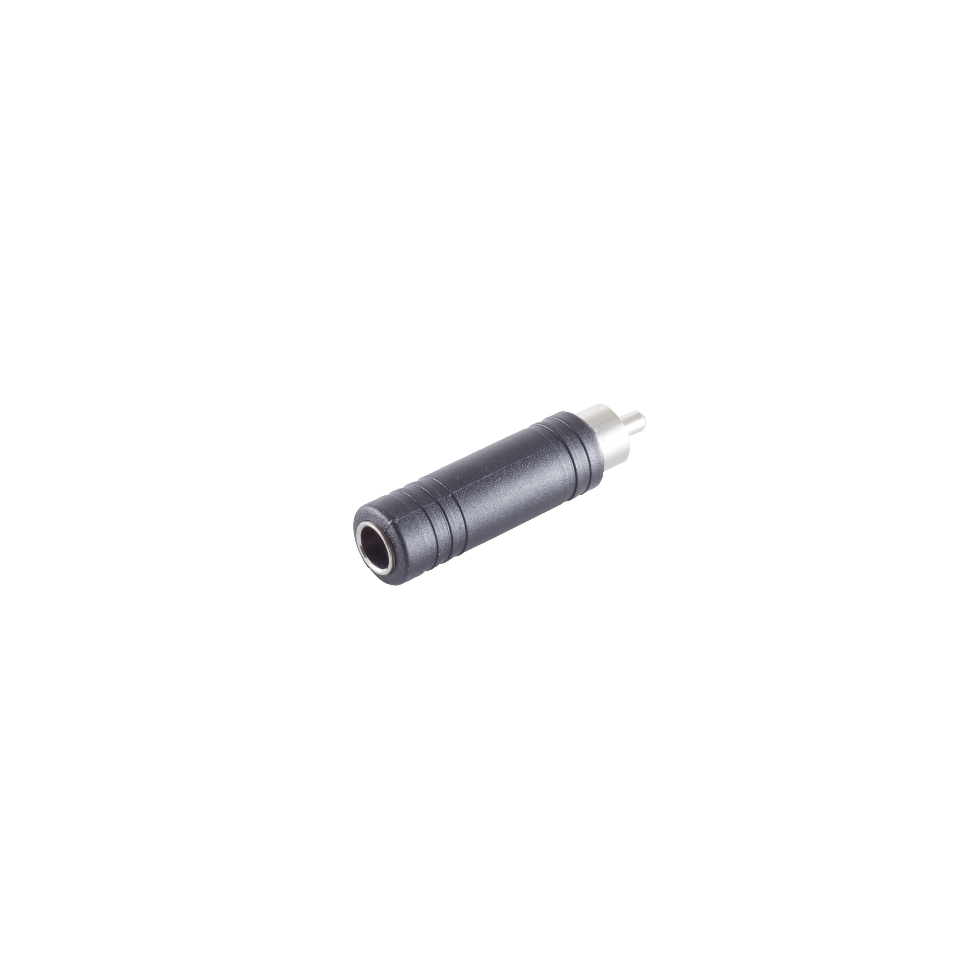 Schwarzer Cinch-auf-3,5-mm-Audioadapter. Der Adapter befindet sich auf weißem Hintergrund.