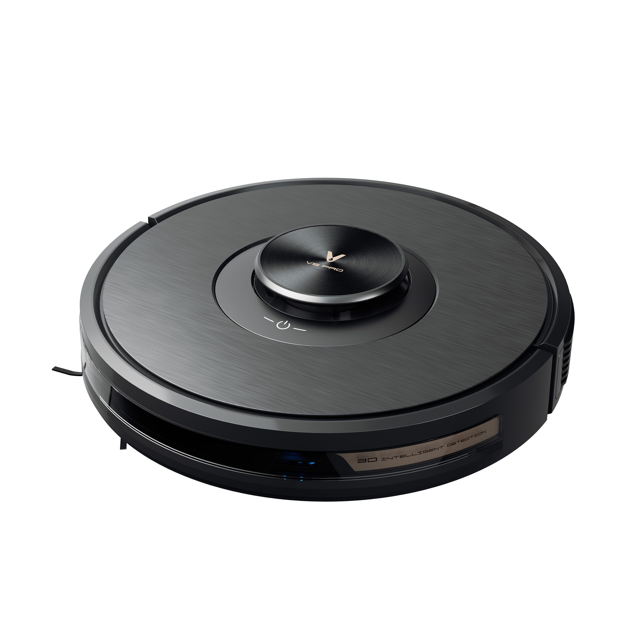 Ein schwarzer, runder Roboter-Staubsauger. Er hat einen Power-Knopf.