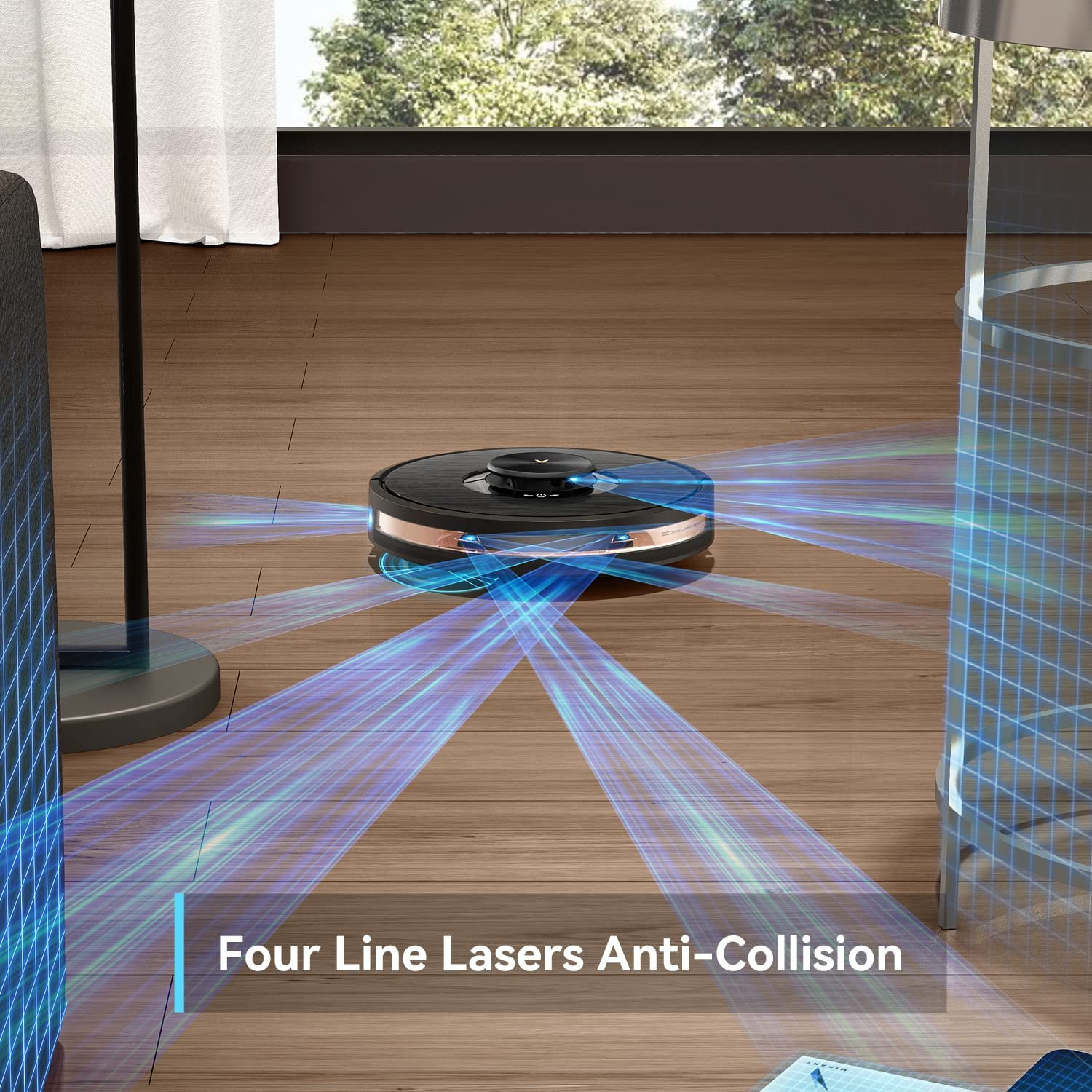 Ein schwarzer und kupferfarbener Roboter-Staubsauger mit blauen Laserstrahlen auf einem Holzboden.