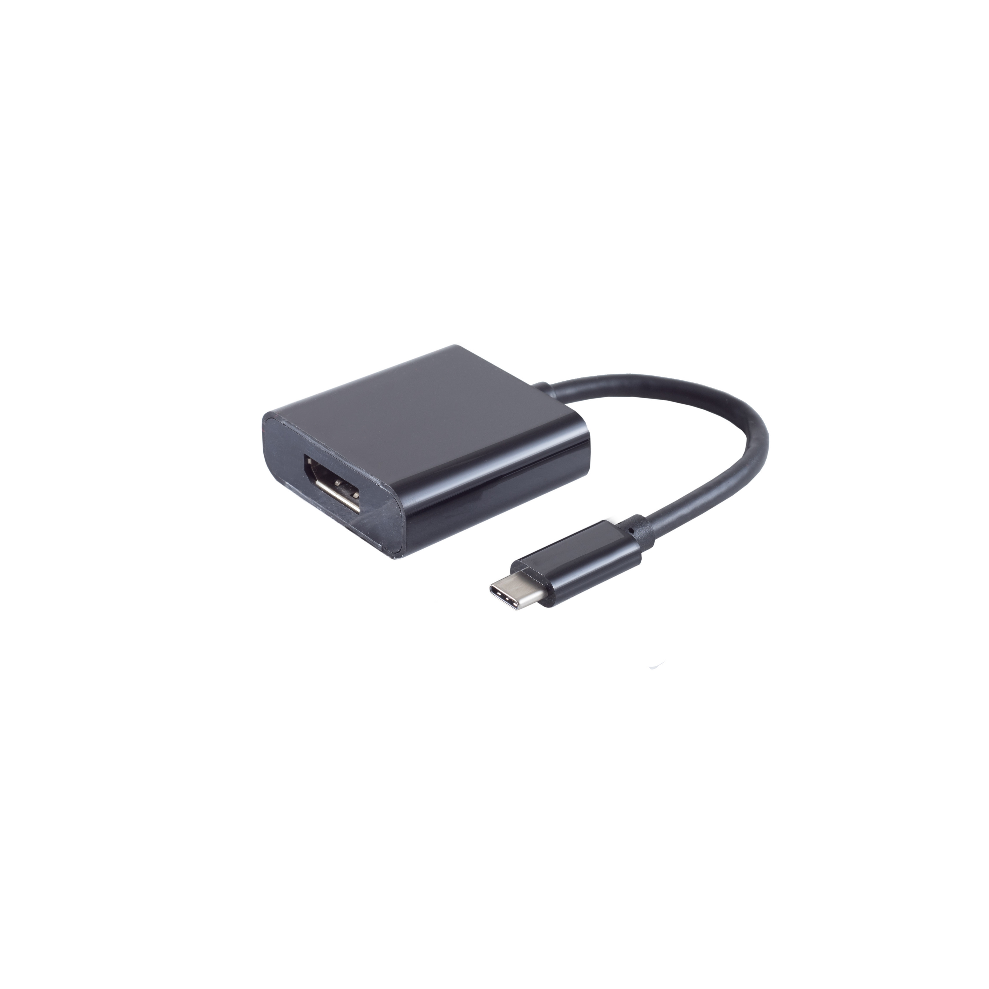 Ein schwarzer USB-C-Adapter. Er wandelt von USB zu USB-C um. Er ist auf weißem Grund.