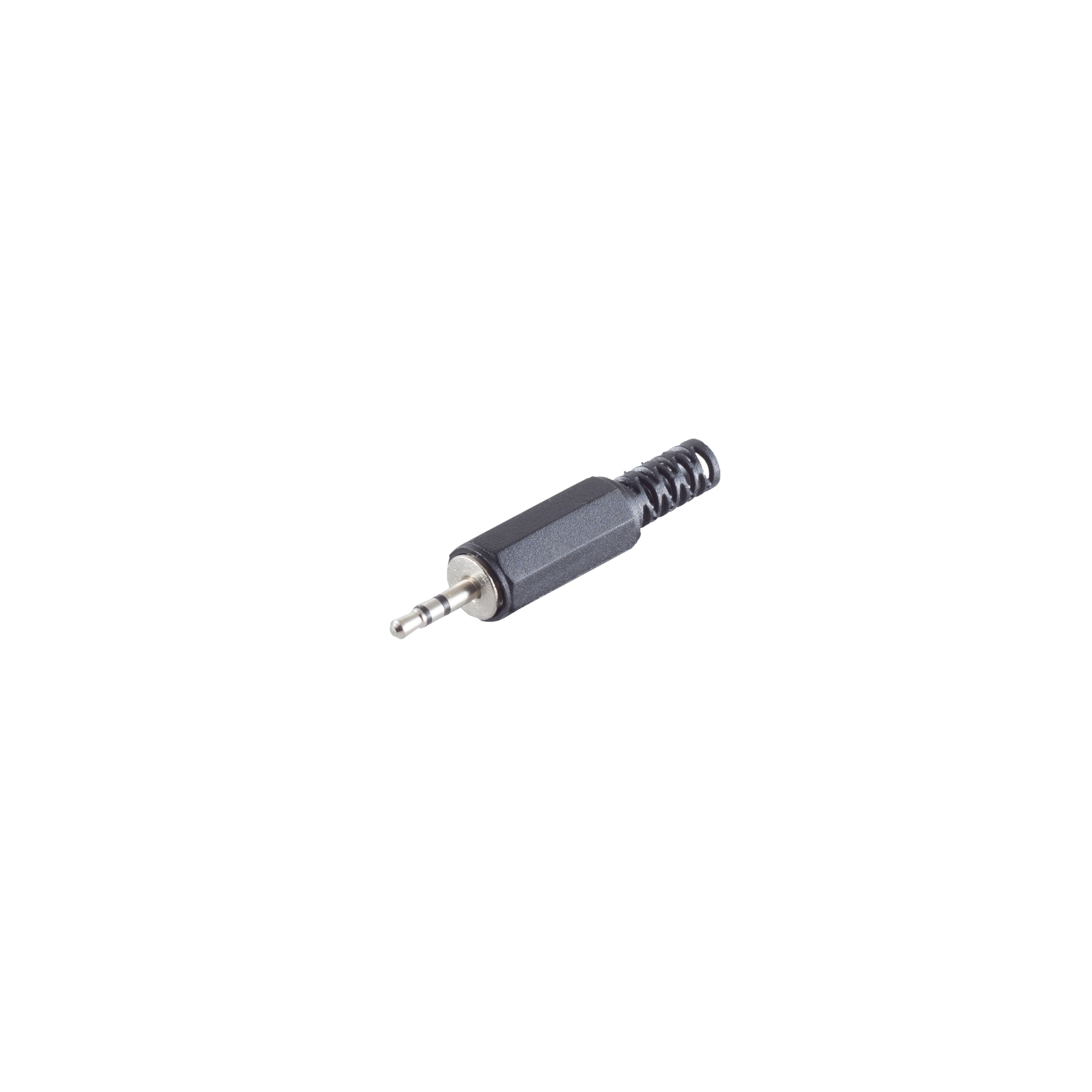 Ein schwarzer 3,5-mm-Audioanschluss auf weißem Hintergrund. Es ist ein Stecker.