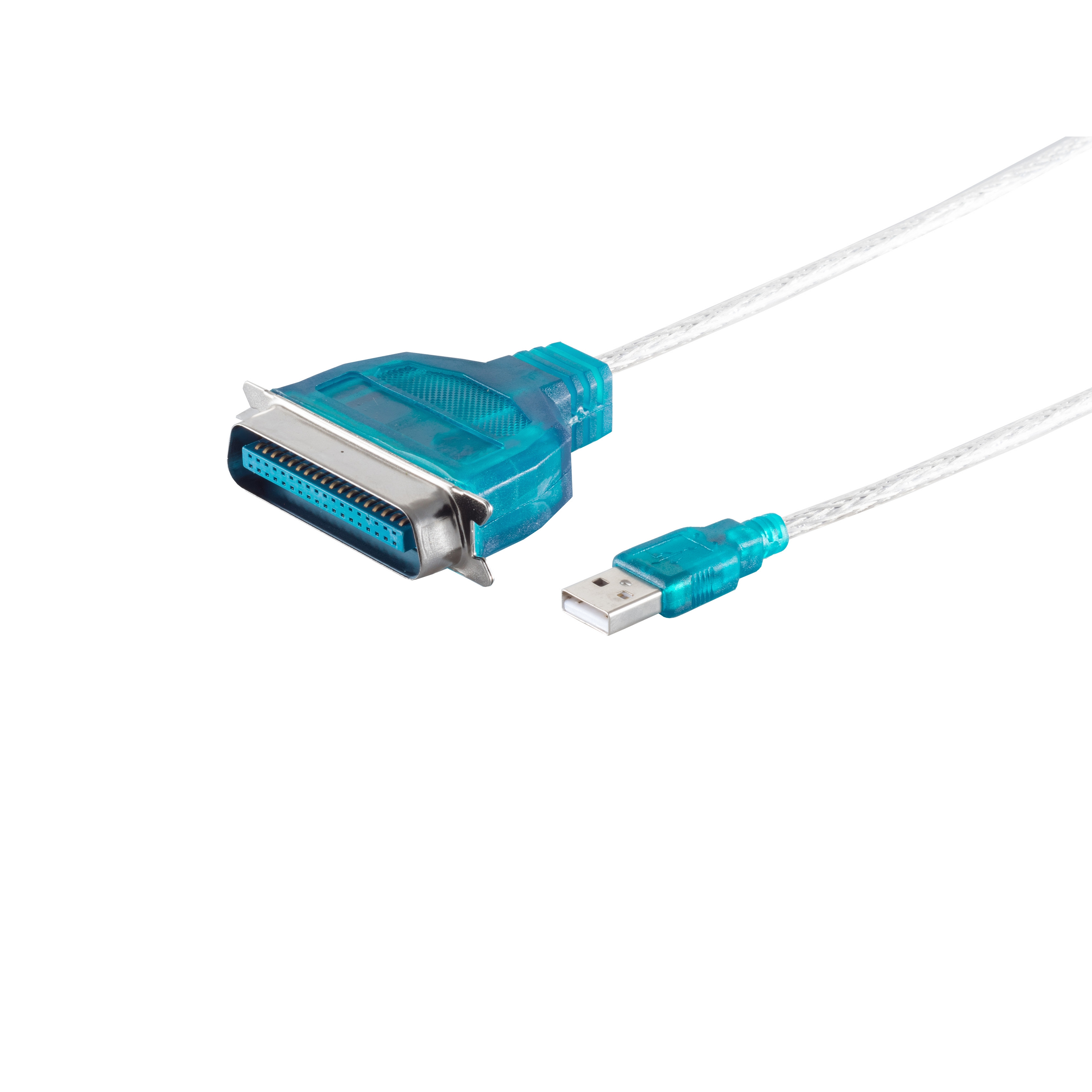 Blaues und türkis USB-zu-Parallelport-Kabel.
