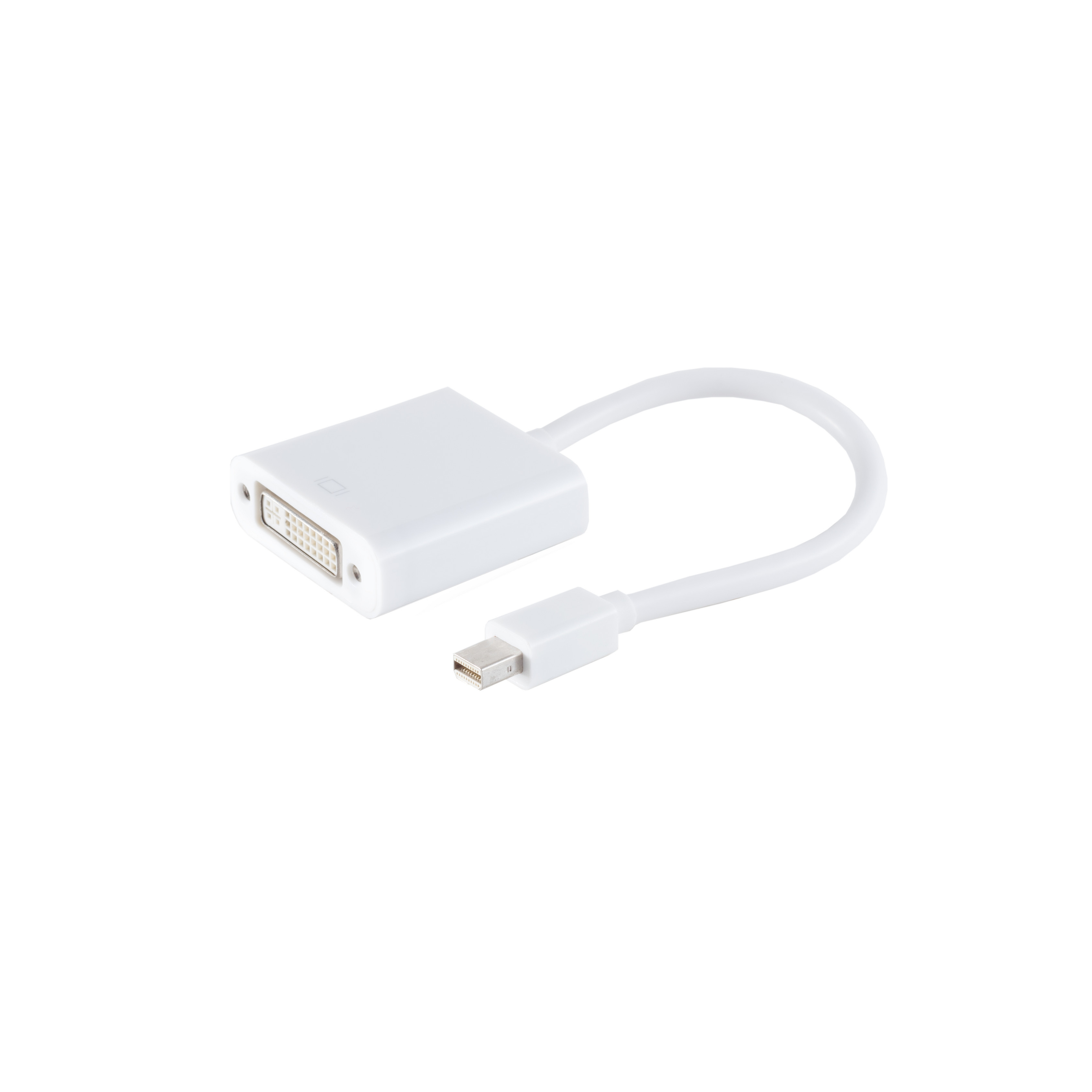 Ein weißer Adapter mit DVI-Anschluss und Mini DisplayPort-Anschluss.