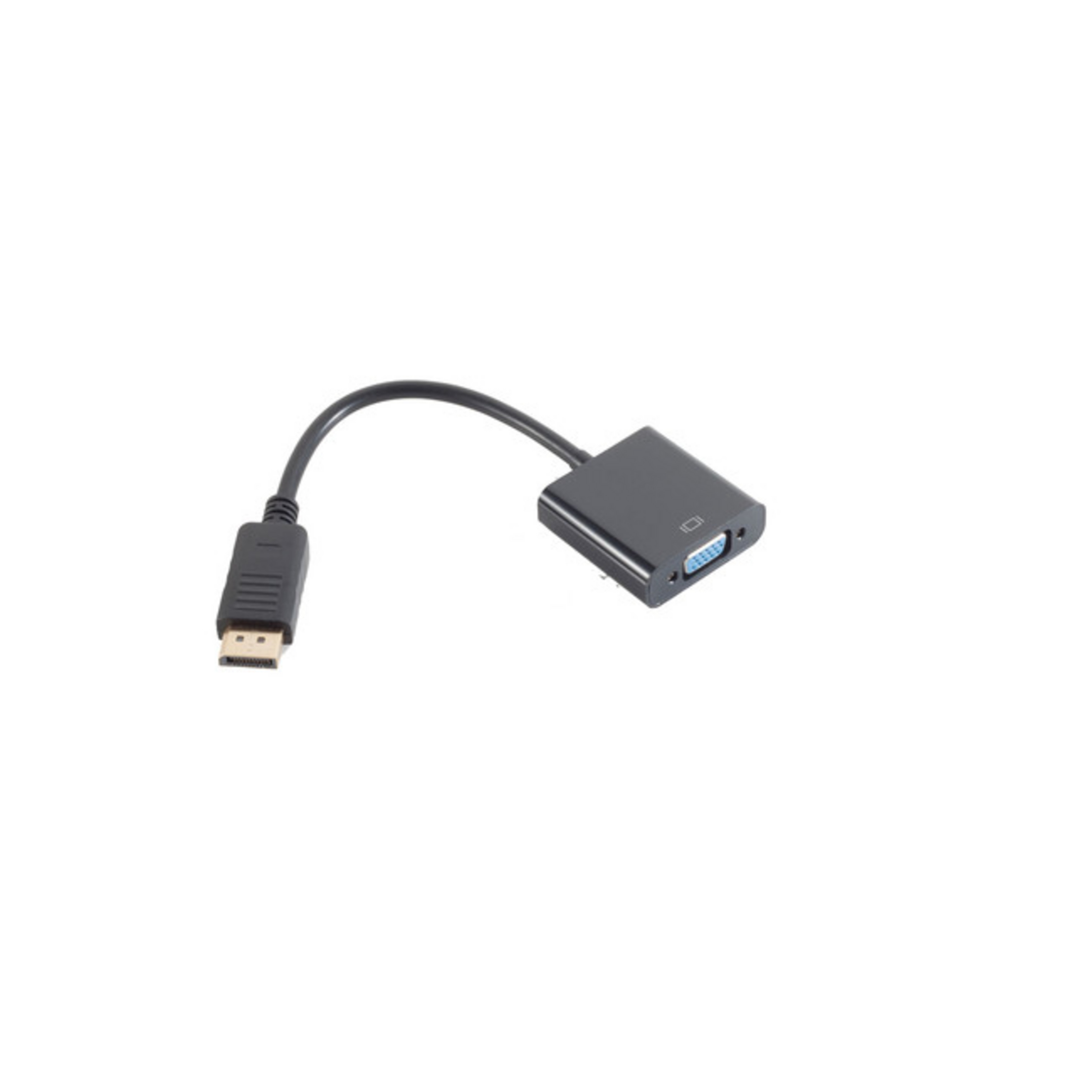 Ein schwarzer Adapter mit DisplayPort-Anschluss an einem Ende und VGA-Anschluss am anderen.