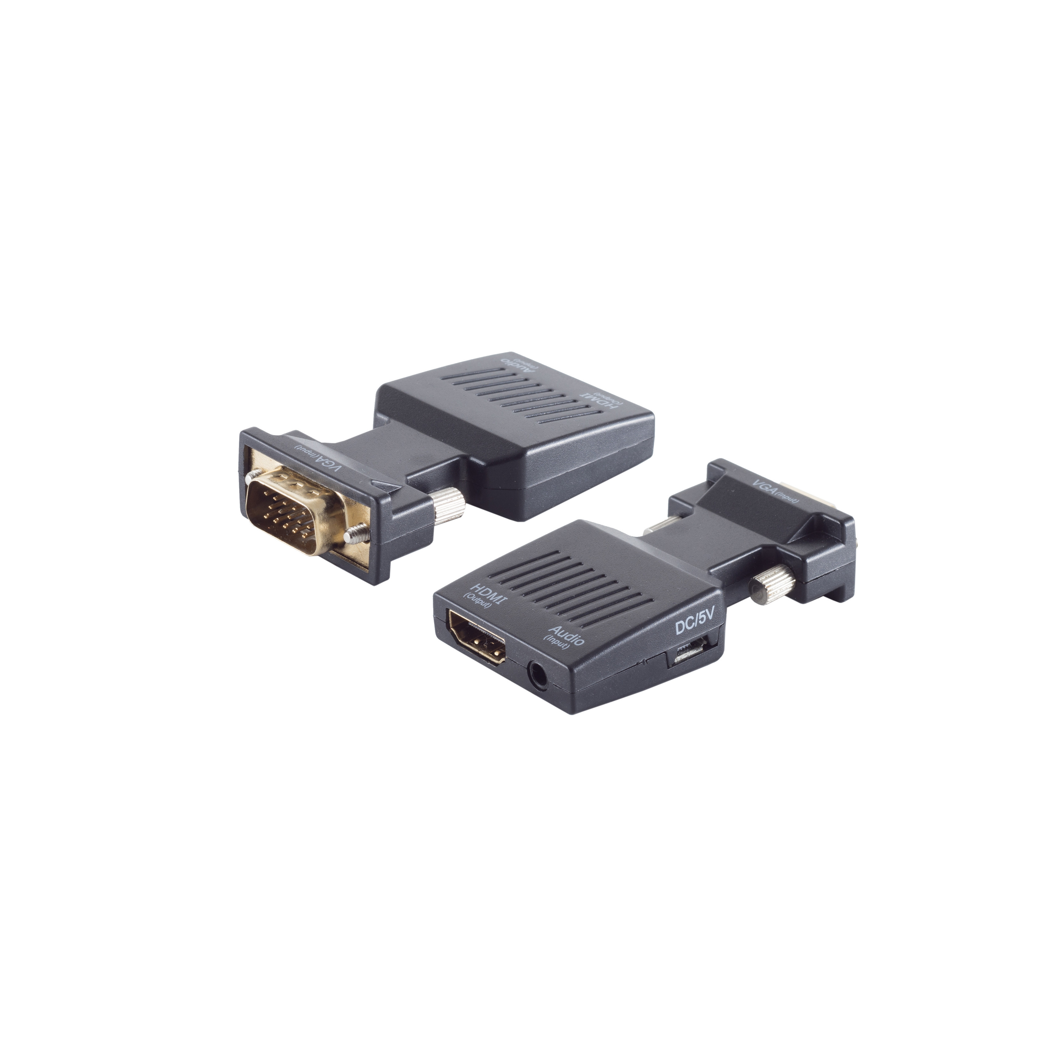 Zwei schwarze HDMI- und VGA-Adapter. Einer hat einen VGA-Anschluss, der andere HDMI-, Audio- und DC/5V-Anschlüsse.