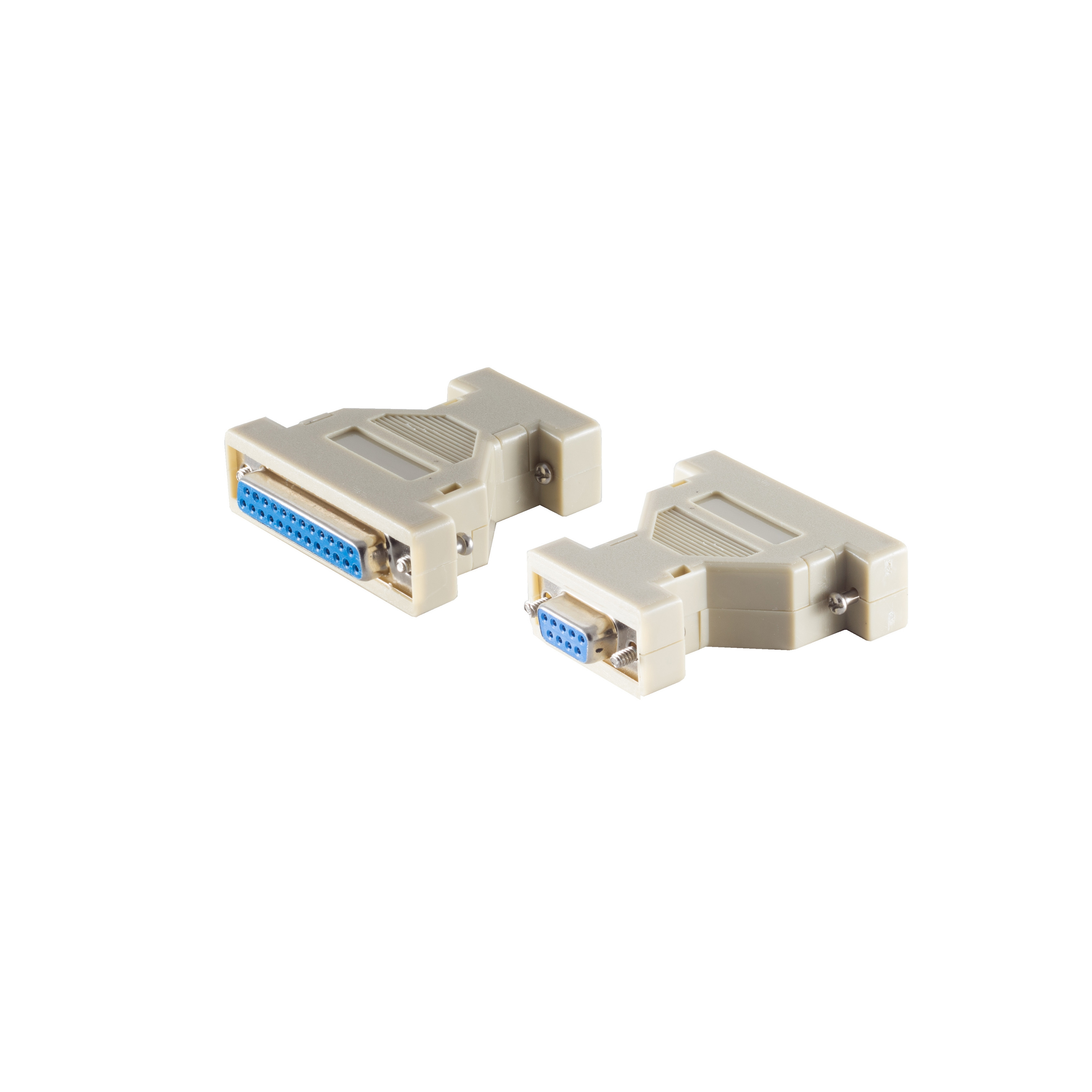 Zwei beige DB25-Adapter mit blauen Anschlüssen. Sie befinden sich auf weißem Hintergrund.
