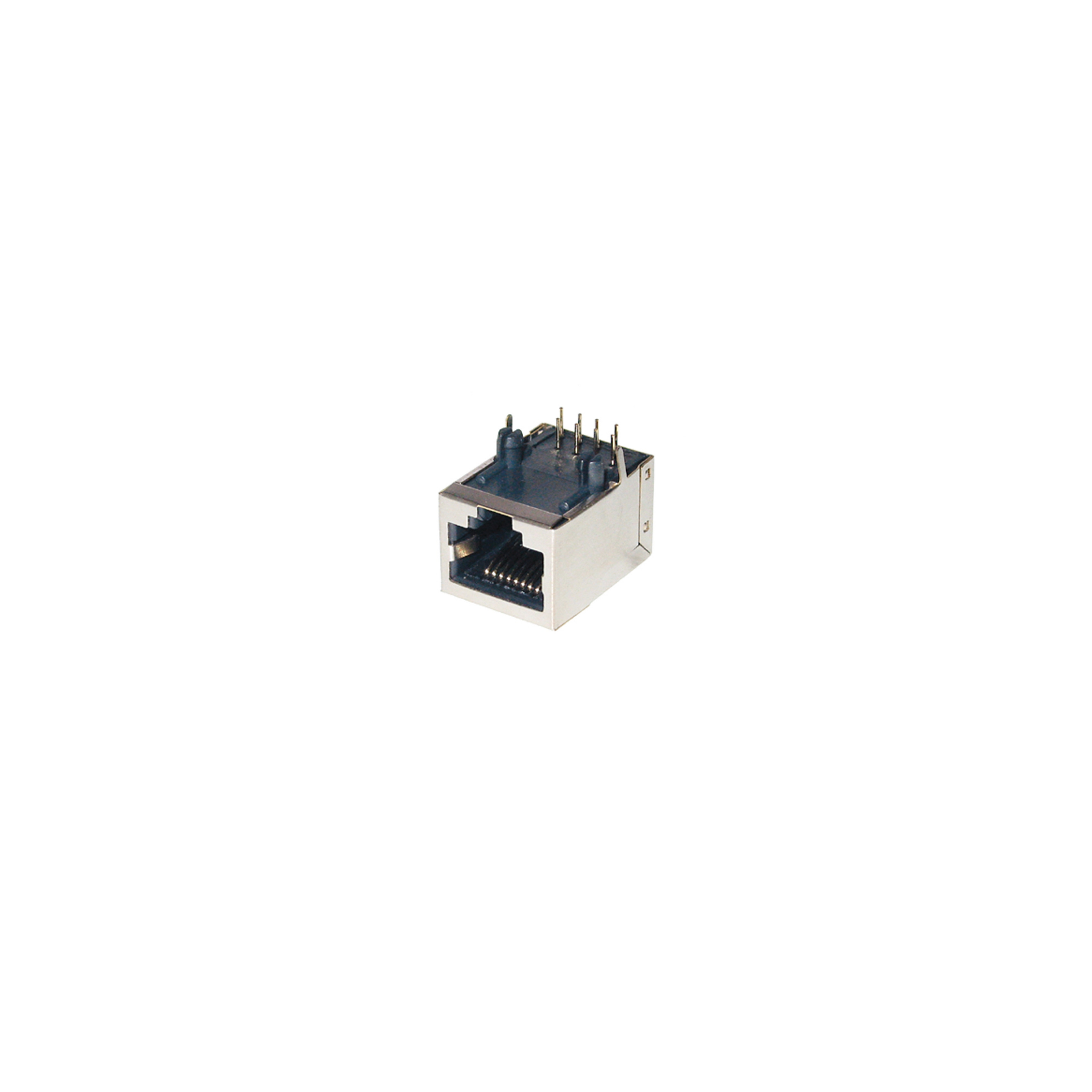 Ein RJ45-Ethernet-Anschluss. Es ist ein kleines, metallisches, rechteckiges Bauteil.