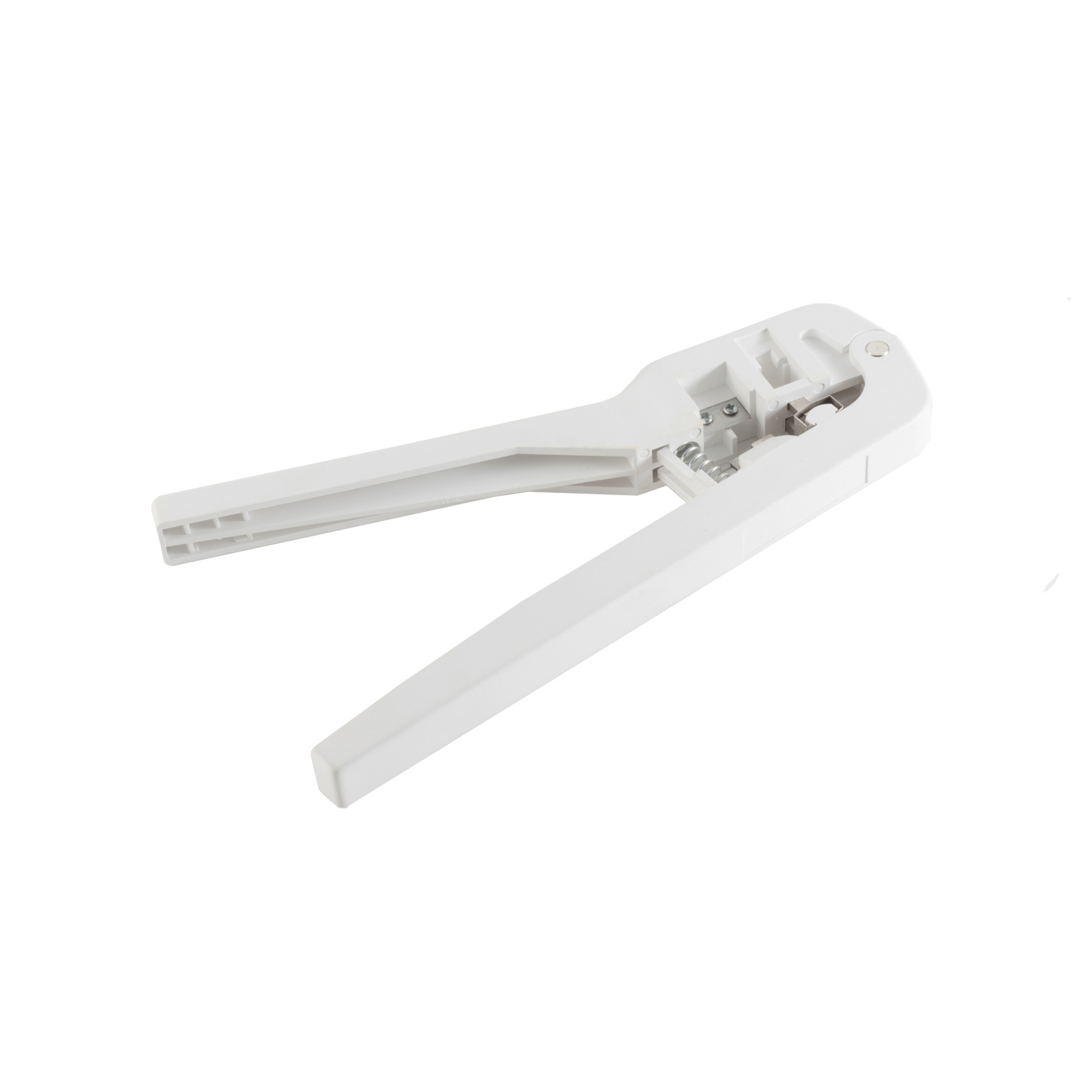 Ein weißes Crimpwerkzeug, offen und abgewinkelt, mit weißem Griff und einem Crimp-Metallkopf, auf Weiß.