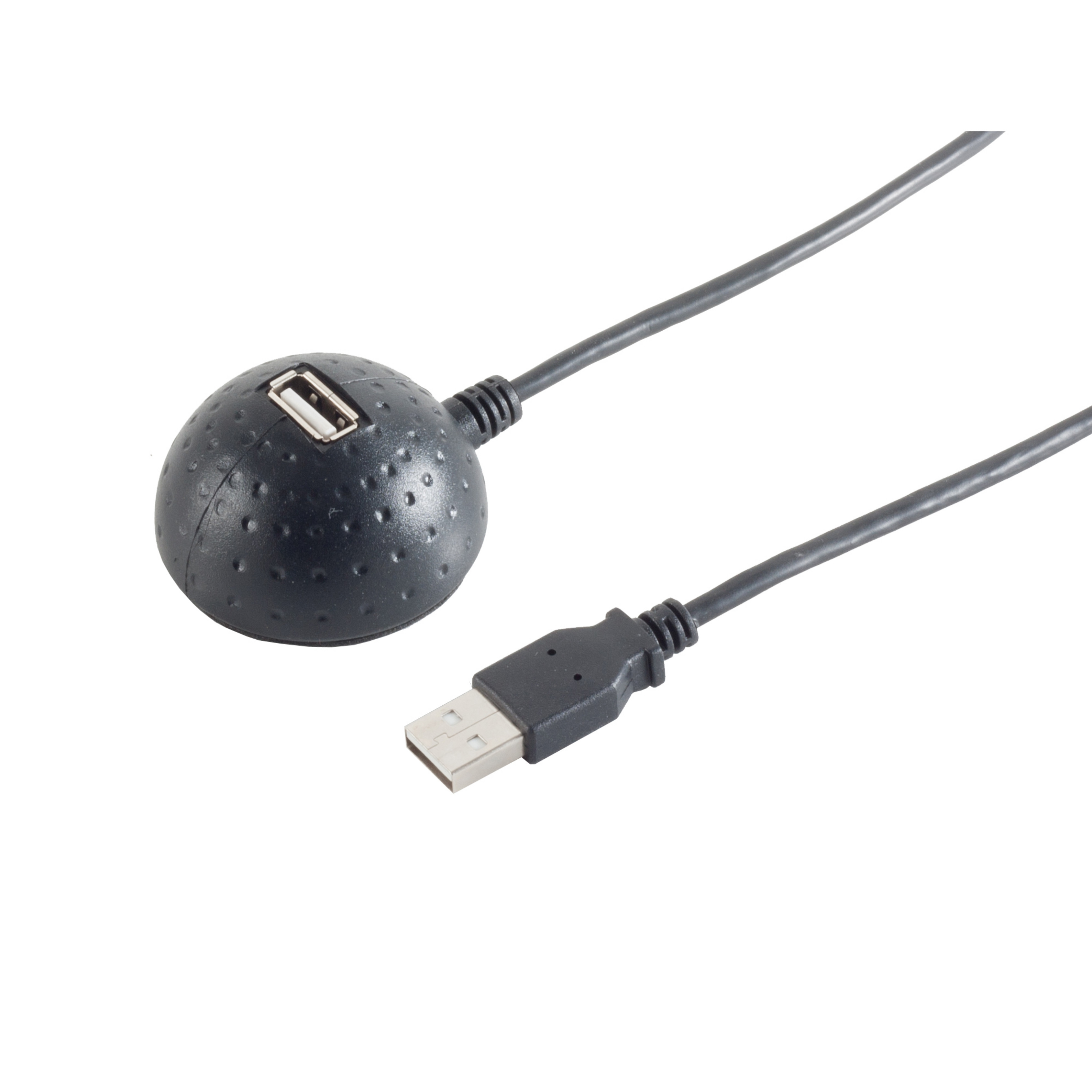 Schwarzer USB-Hub mit USB-Anschluss und Kabel, auf weißem Hintergrund.