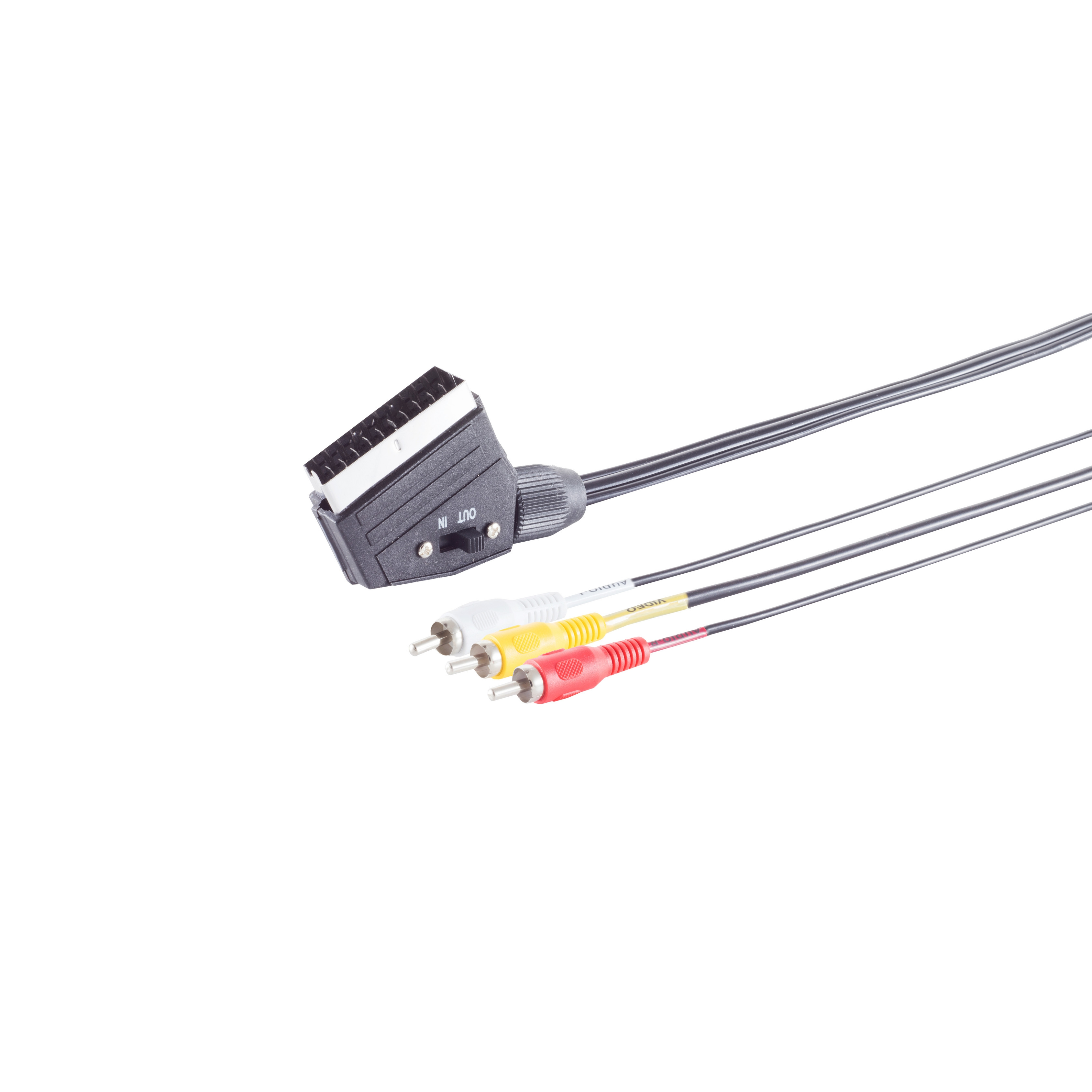 SCART-Kabel mit Cinch-Anschlüssen, schwarz und mehrfarbig.