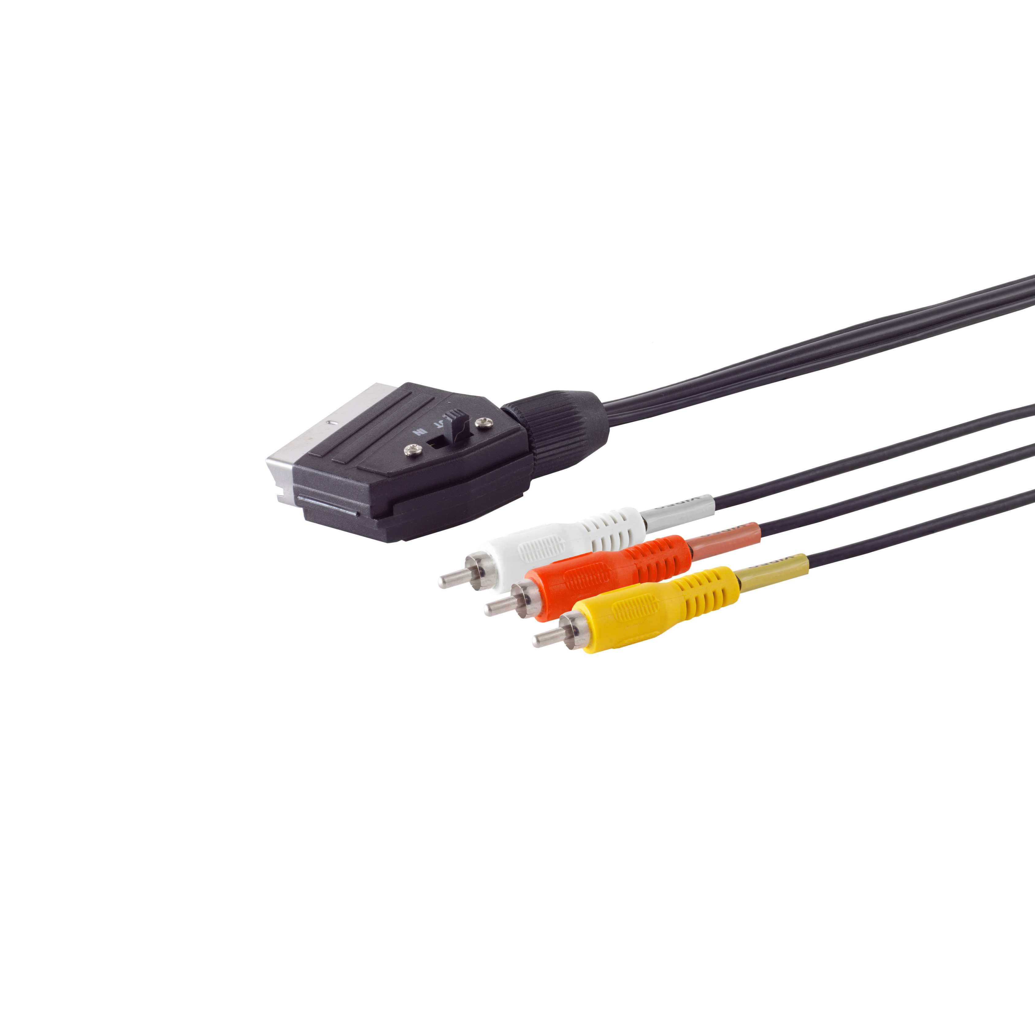 SCART-zu-Cinch-Kabel. Das Kabel hat einen SCART-Stecker und drei Cinch-Stecker.