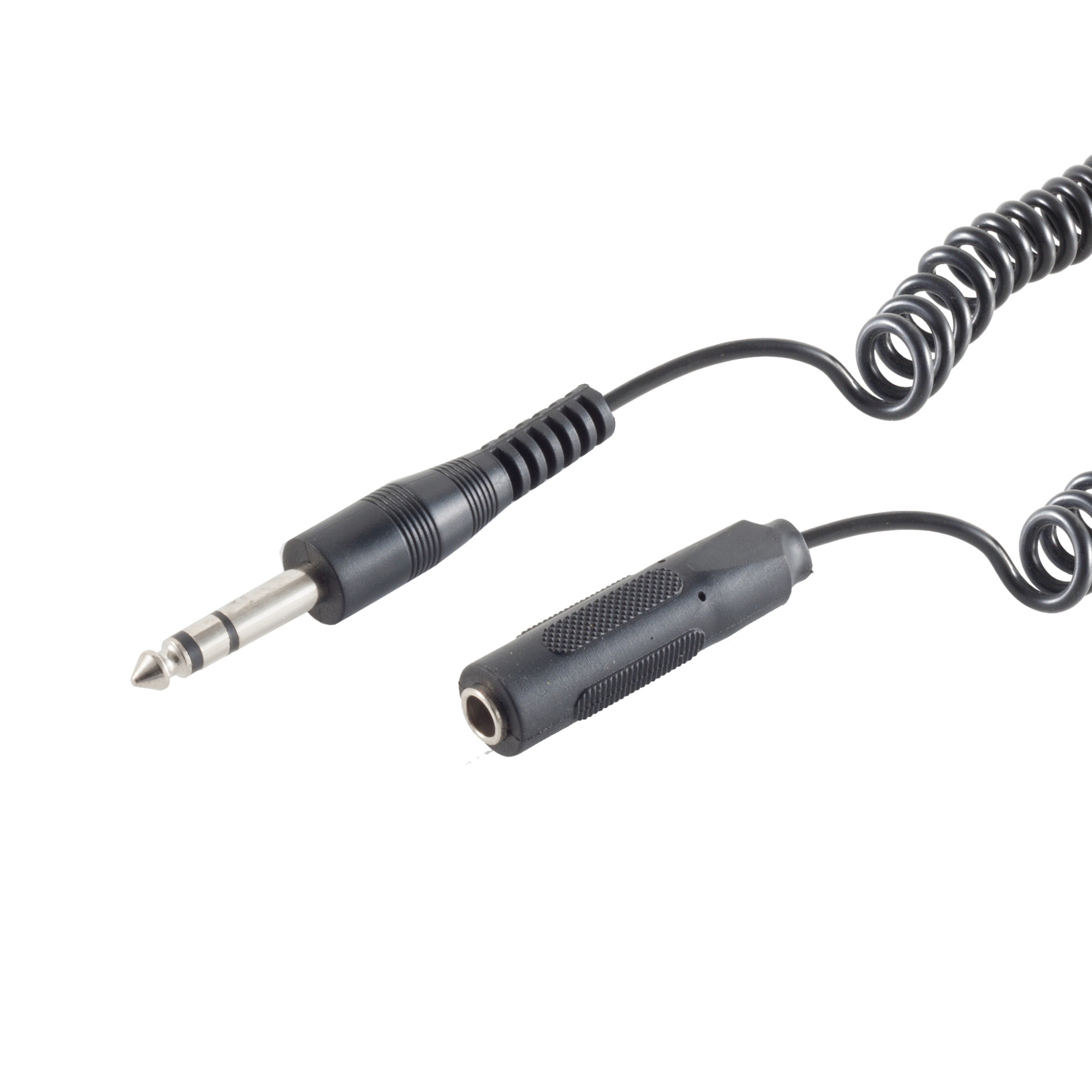 Ein schwarzes 3,5-mm-Audiokabel mit Stecker und Buchse.