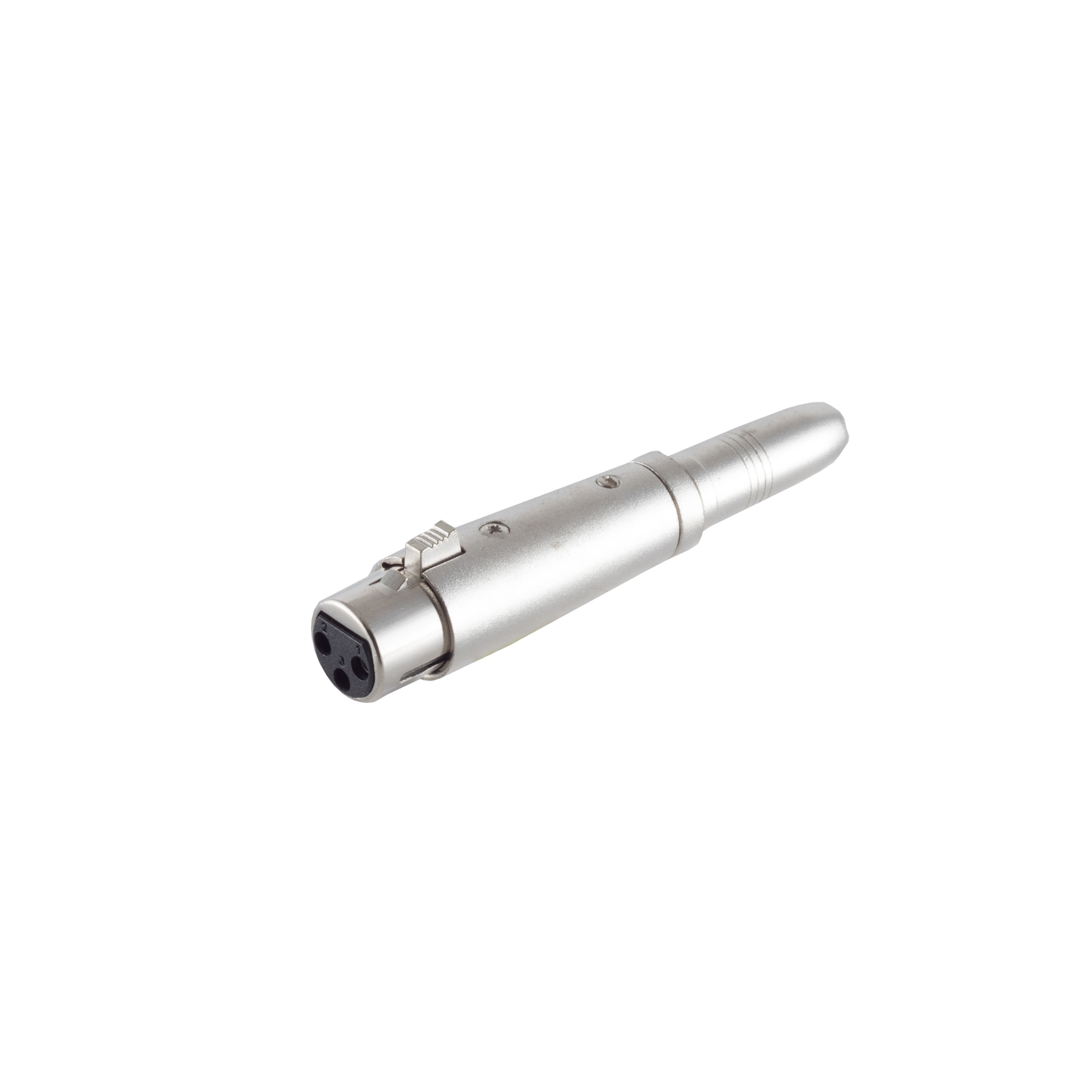 Silberner XLR-Stecker. Isoliert auf weißem Hintergrund.