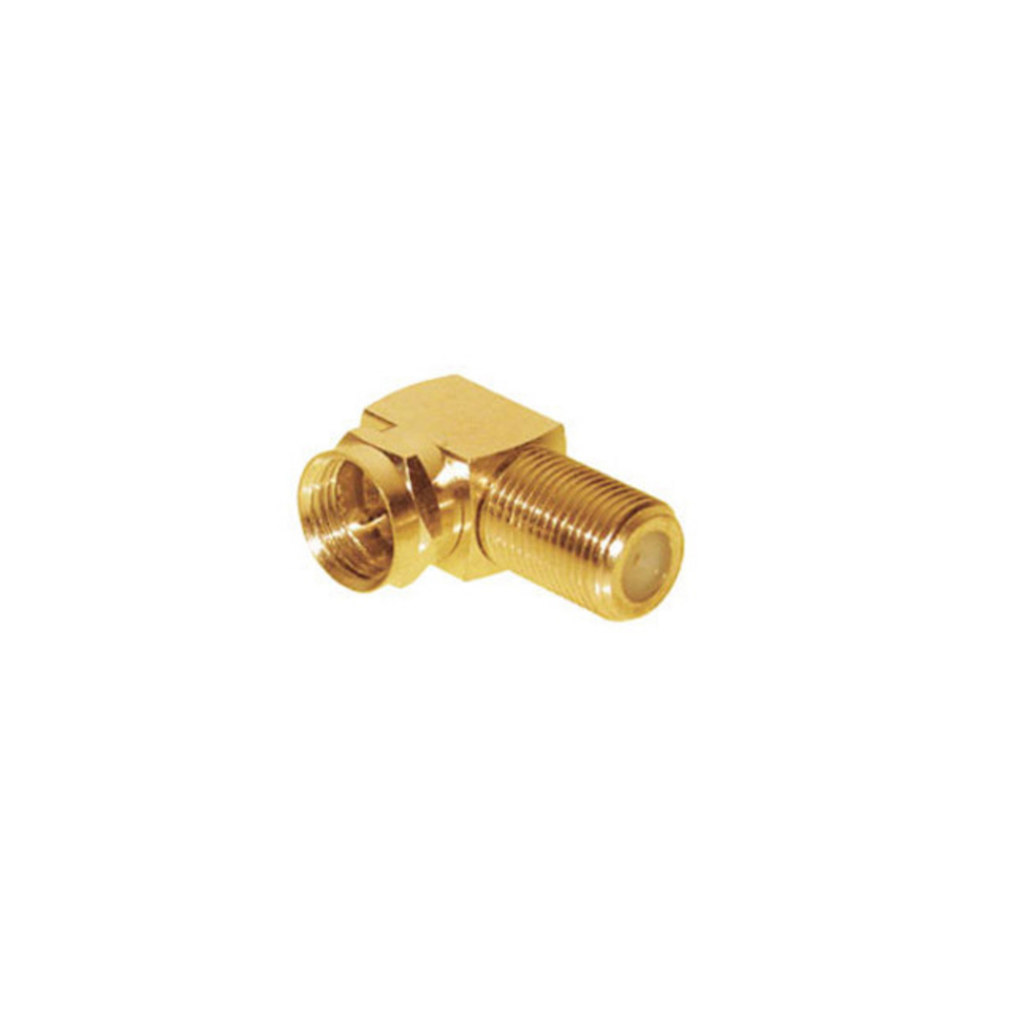 Ein goldener, L-förmiger Stecker auf weißem Hintergrund. Es ist ein Koaxialstecker mit einem Gewindeende.