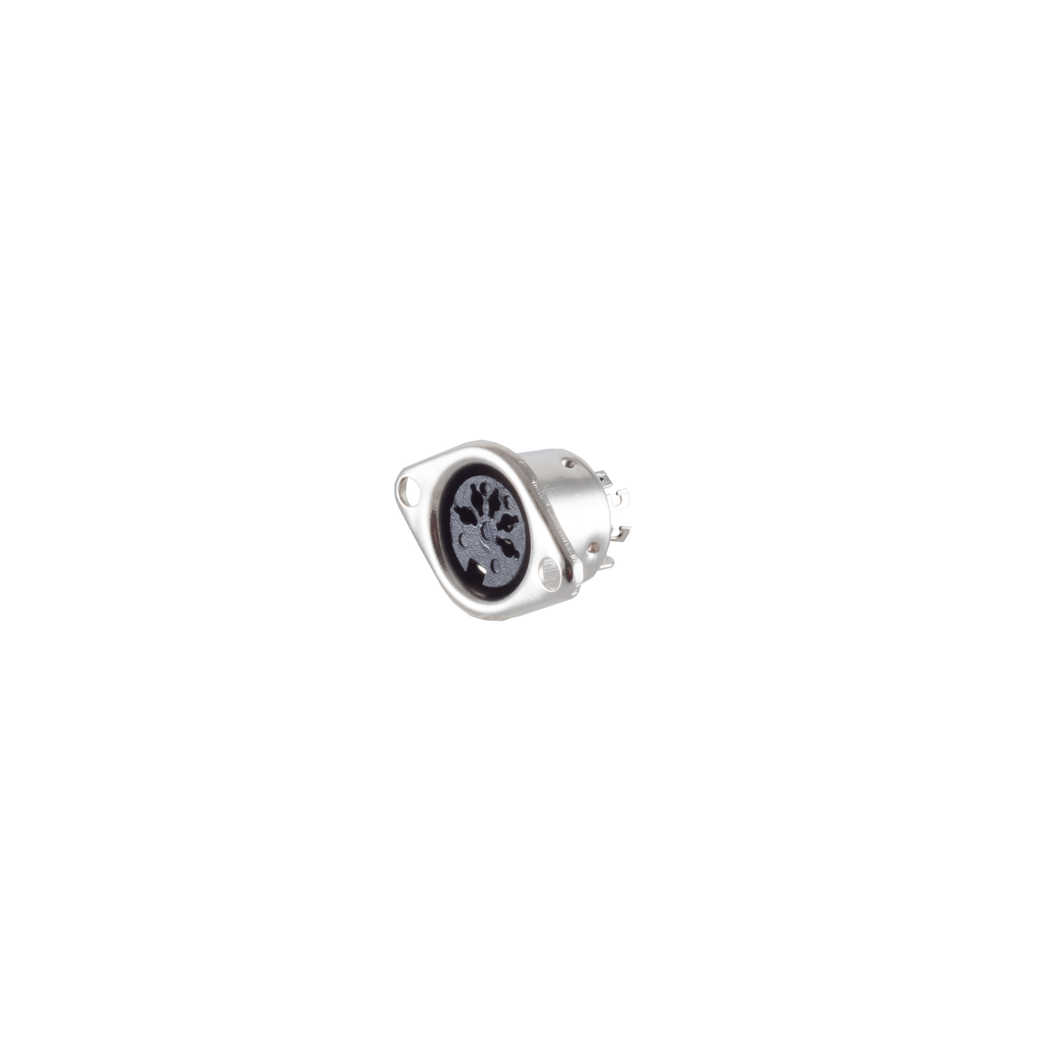 Ein silberfarbener 7-poliger MIDI-Stecker mit schwarzem Innenraum und Montageflanschen.
