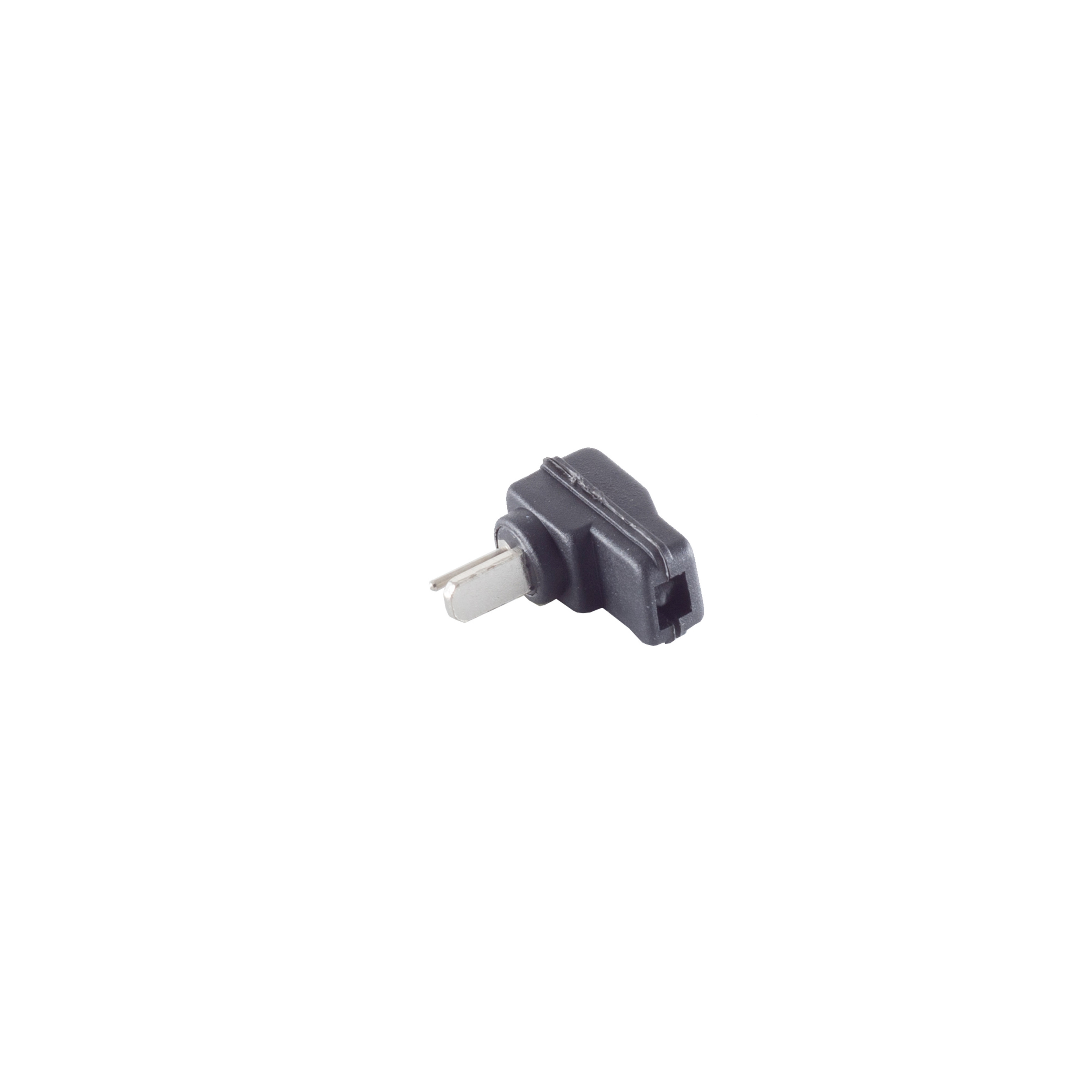 Ein schwarzer Stecker mit Metallstift auf weißem Hintergrund.