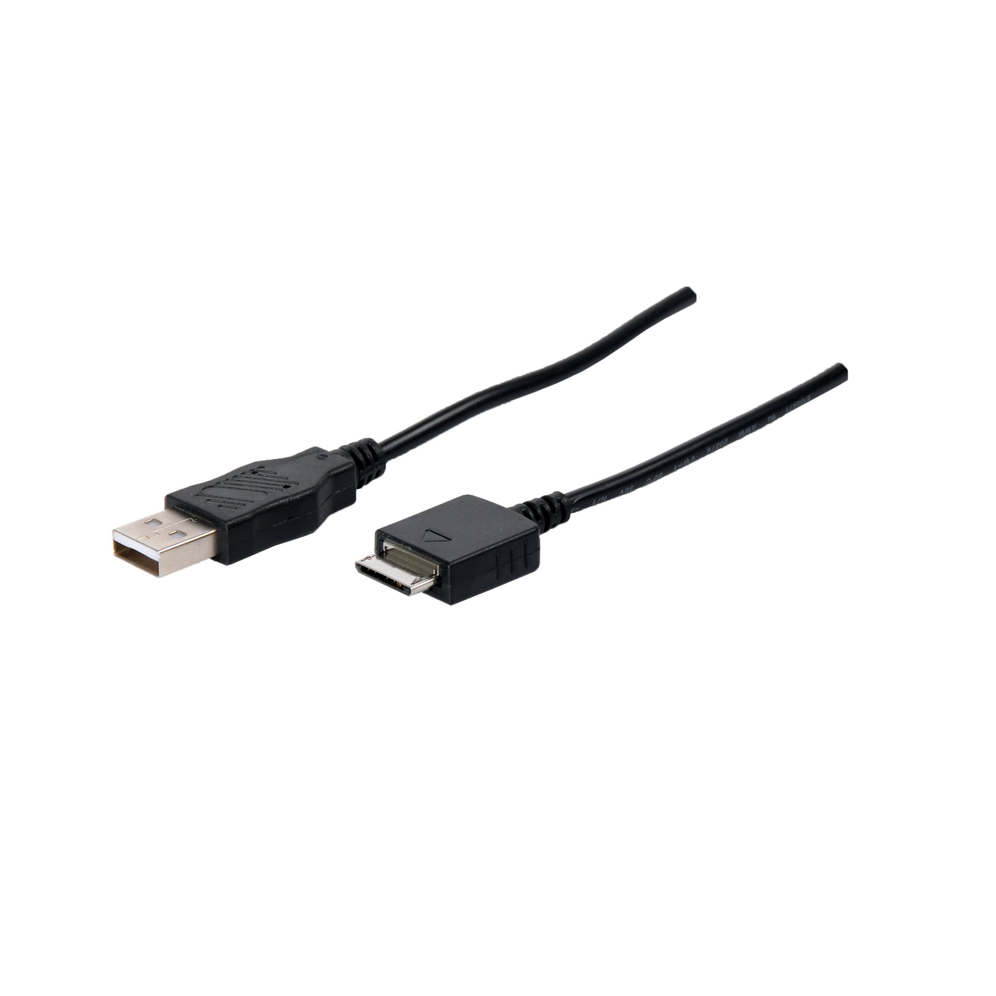 USB-auf-Micro-USB-Kabel, schwarz, auf weiß. Ein Ende ist USB, das andere Micro-USB.