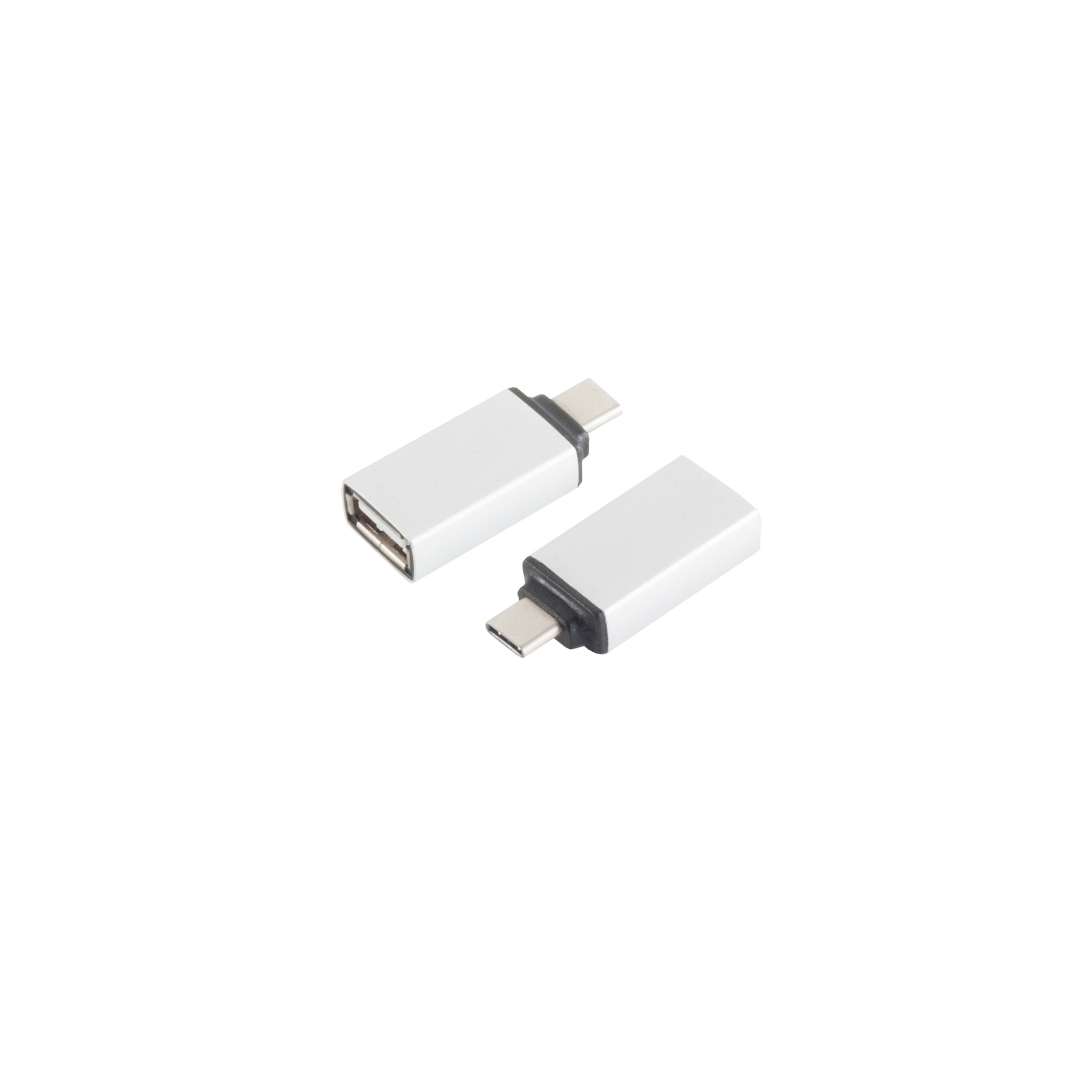 Zwei weiße USB-C-Adapter. Einer hat einen USB-Anschluss, der andere einen USB-C-Anschluss. Beide sind silbern.
