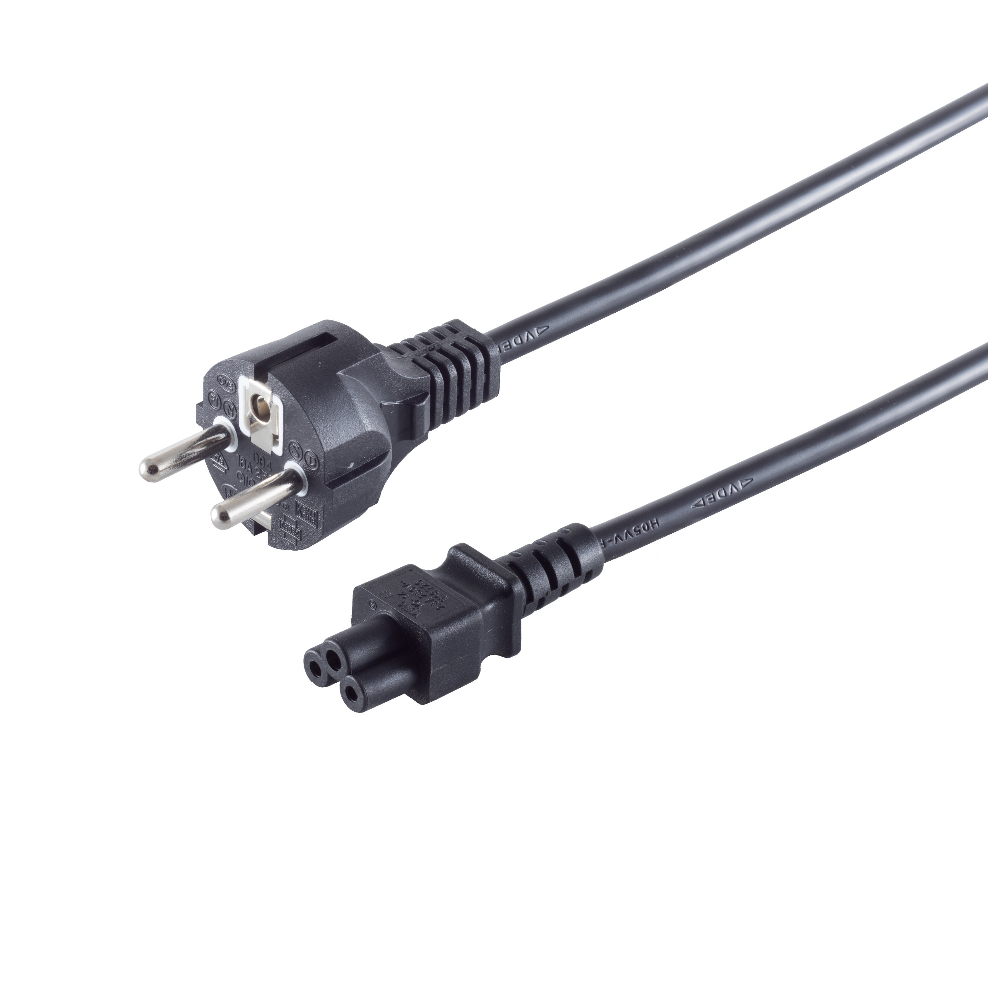 Schwarzes Netzkabel mit Eurostecker und Dreipinstift auf weißem Hintergrund.