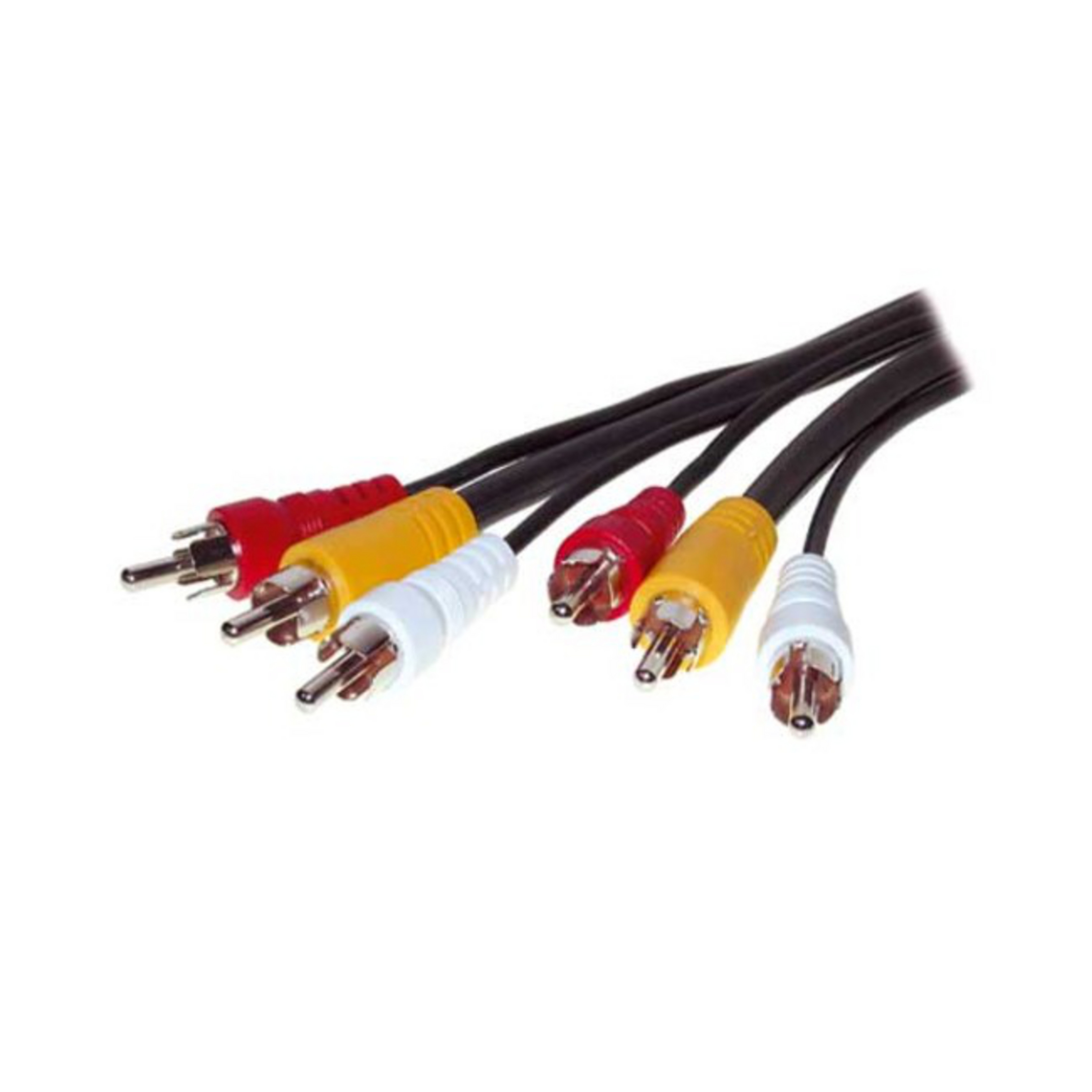 Audio-/Videokabel mit roten, gelben und weißen Steckern, schwarze Kabel, auf weißem Hintergrund.