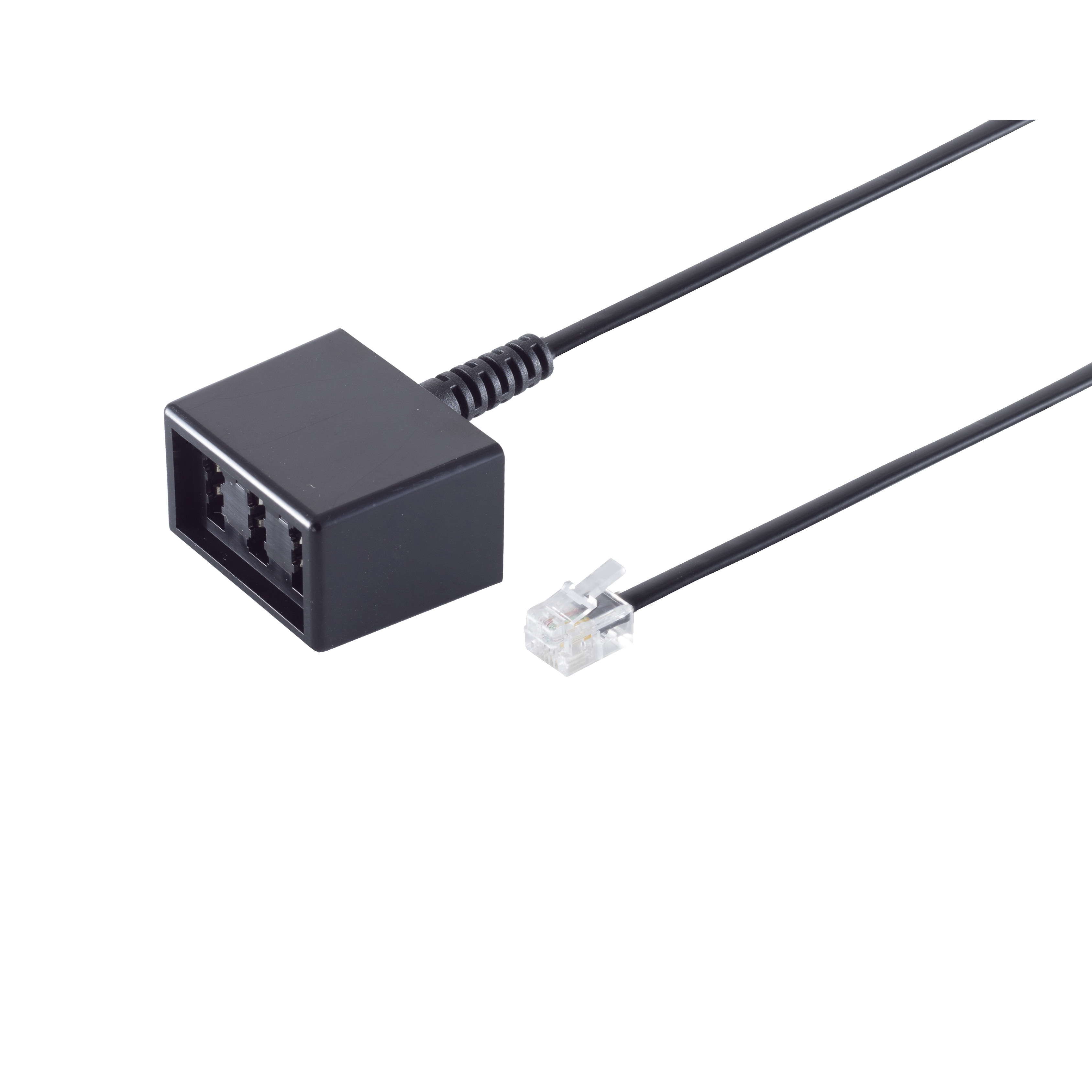 Schwarzer Splitter mit RJ11-Anschlüssen und Kabel vor weißem Hintergrund.
