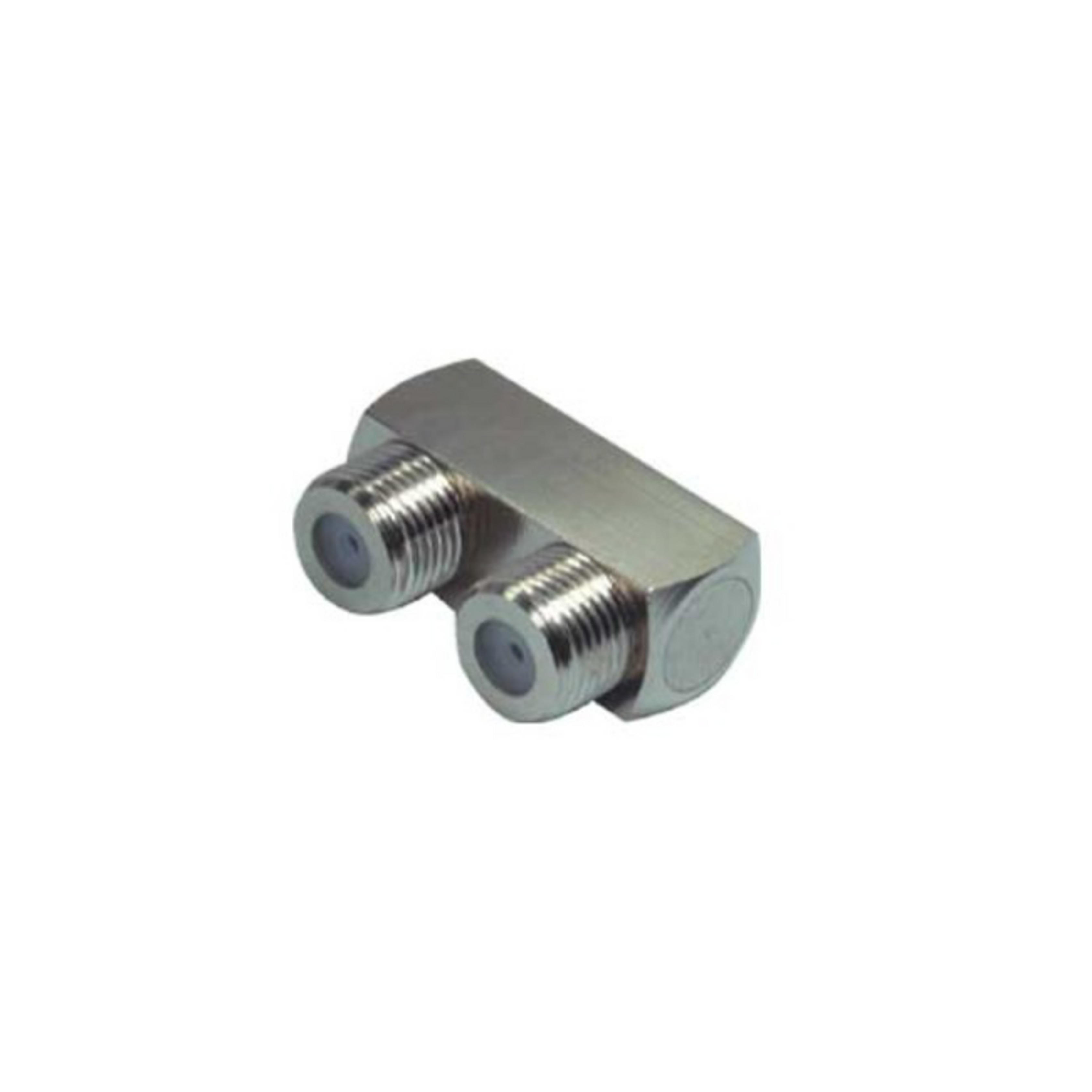 Ein kleiner Metallverbinder mit zwei Gewindeenden, auf weißem Grund.