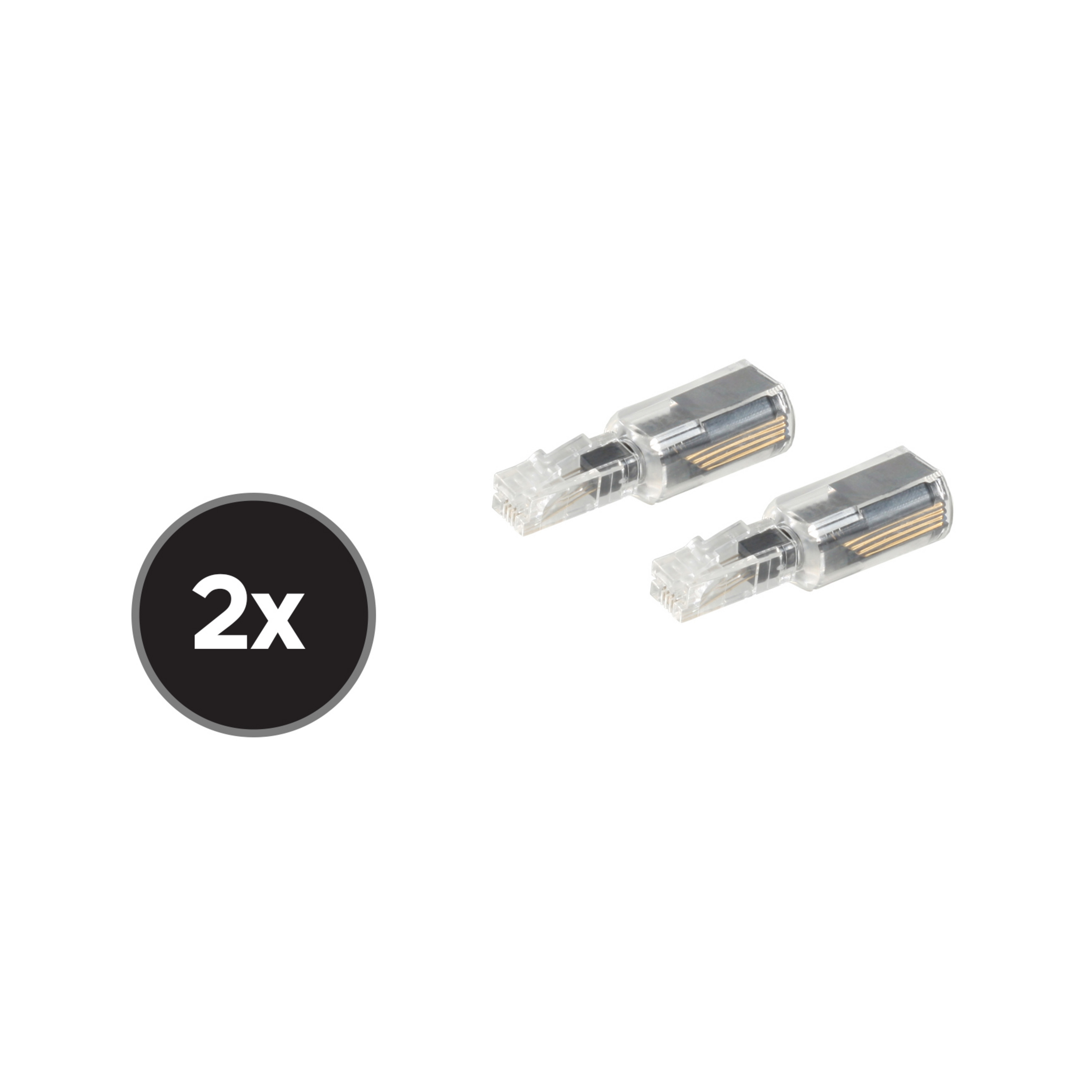 Zwei transparente RJ45-Anschlüsse. Ein schwarzes rundes Etikett zeigt '2x'.