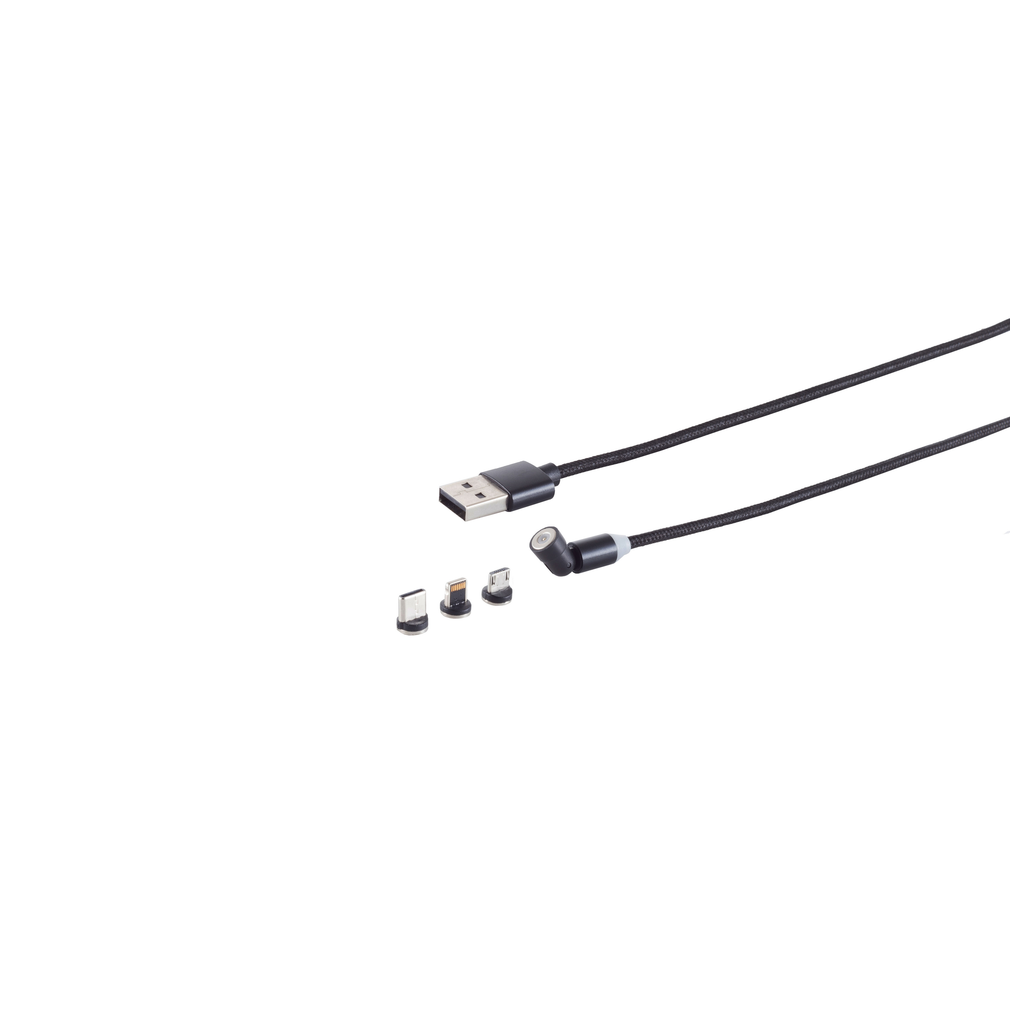 Schwarzes USB-Ladekabel mit verschiedenen Anschlüssen. Weißer Hintergrund.