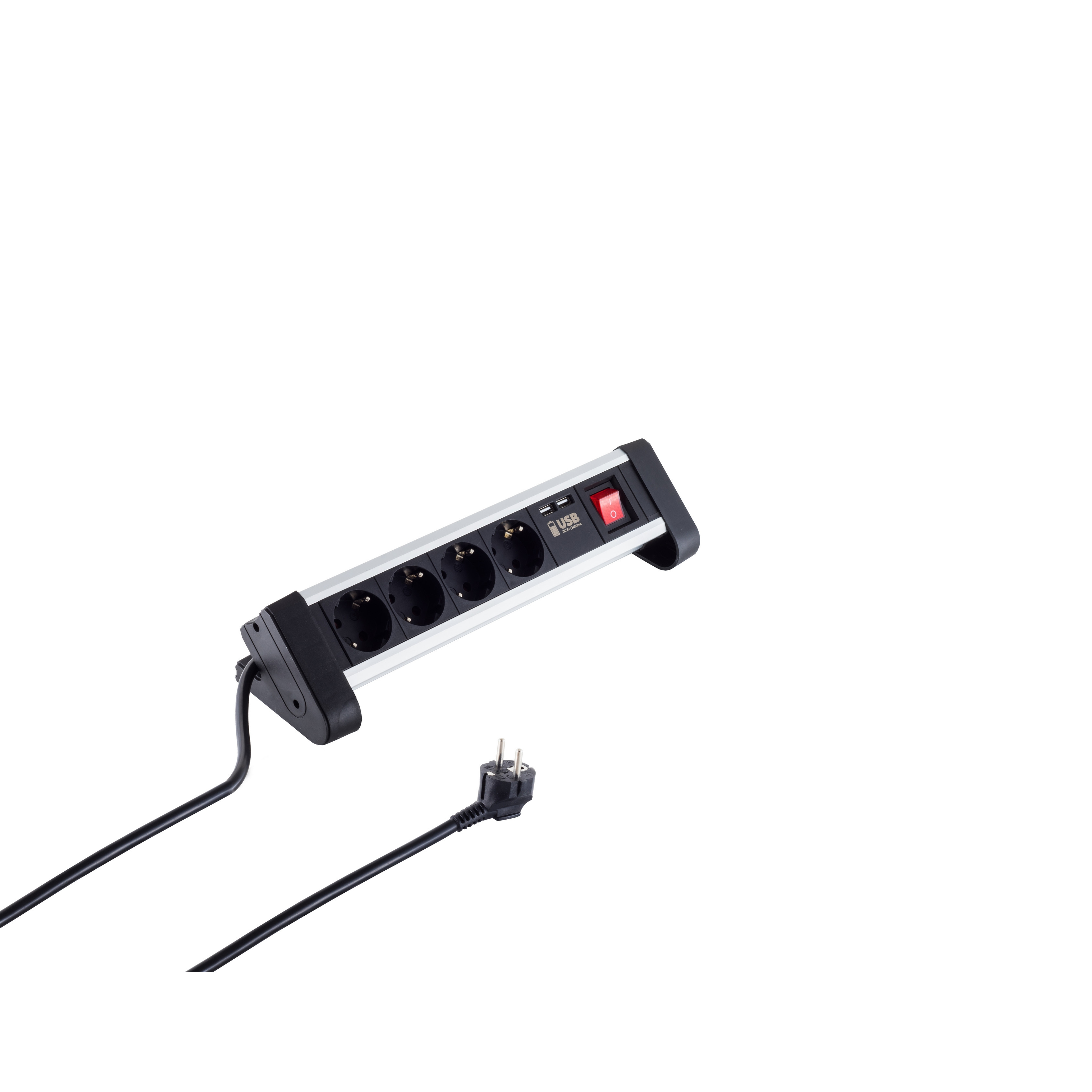 Eine Steckdosenleiste mit Steckdosen, USB-Anschlüssen und einem Schalter.