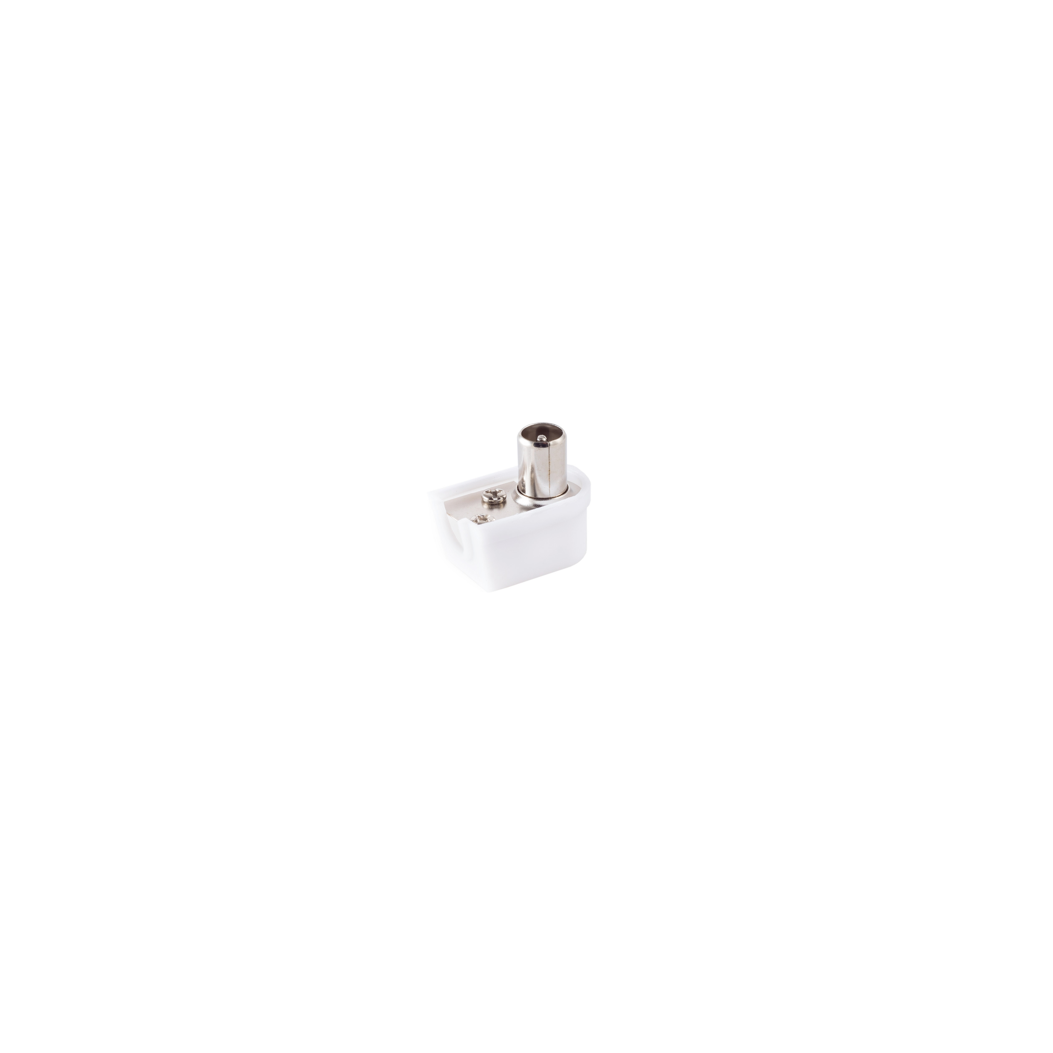 Ein weißer Adapter mit einem Metallanschluss. Es befindet sich auf weißem Hintergrund.