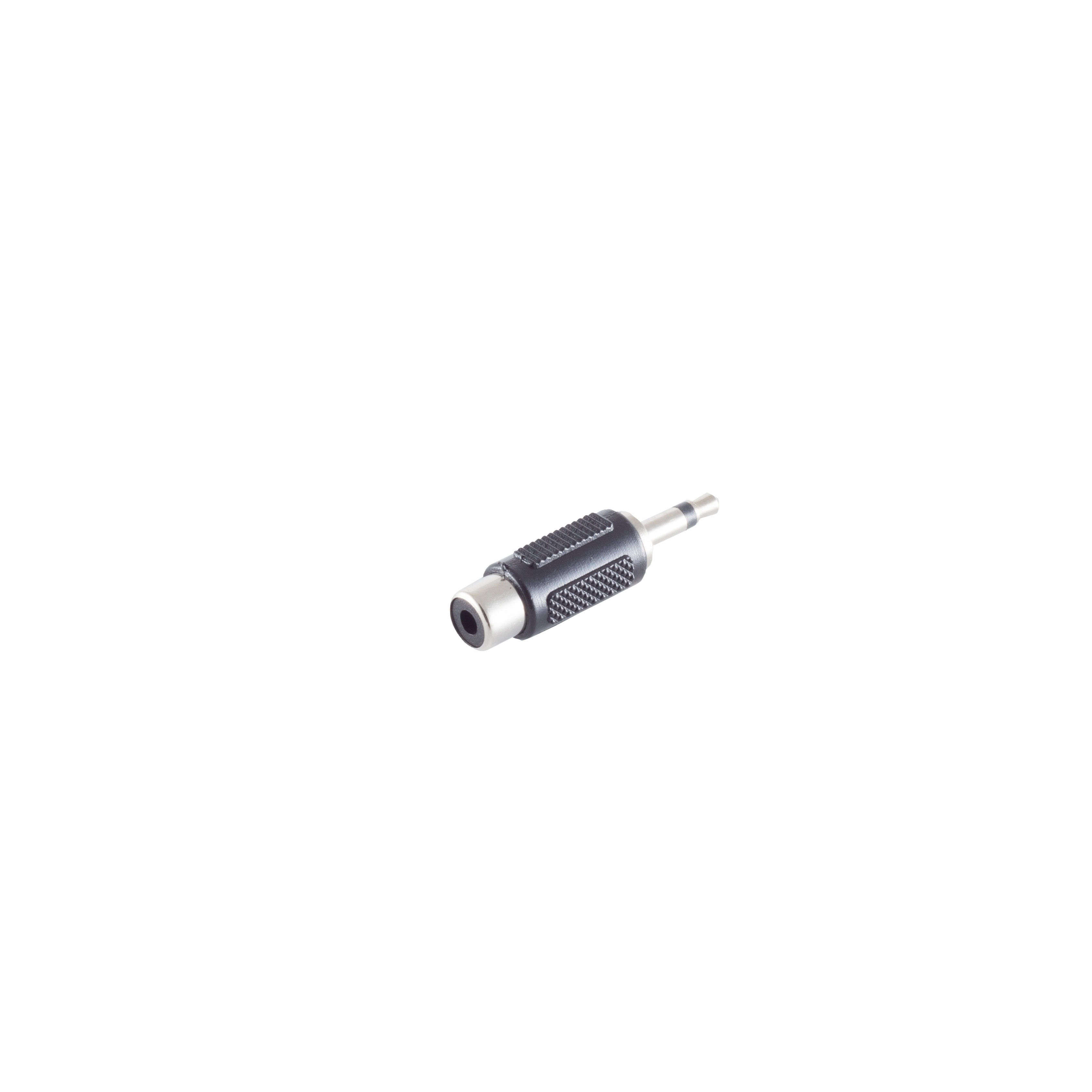 Ein schwarzer und grauer Cinch-auf-3,5-mm-Audioadapter auf weißem Hintergrund.