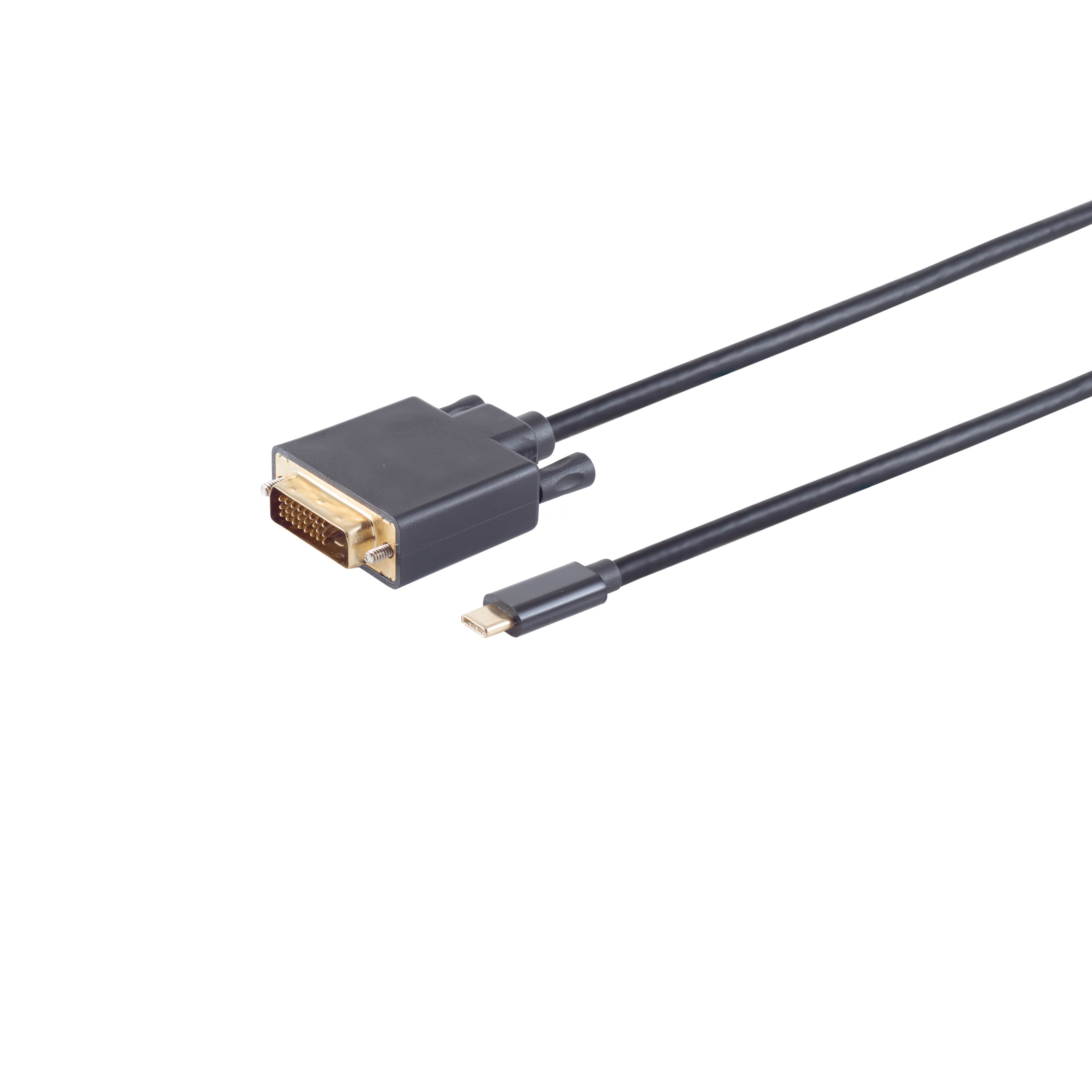 Un cavo nero da DVI a USB-C su sfondo bianco.