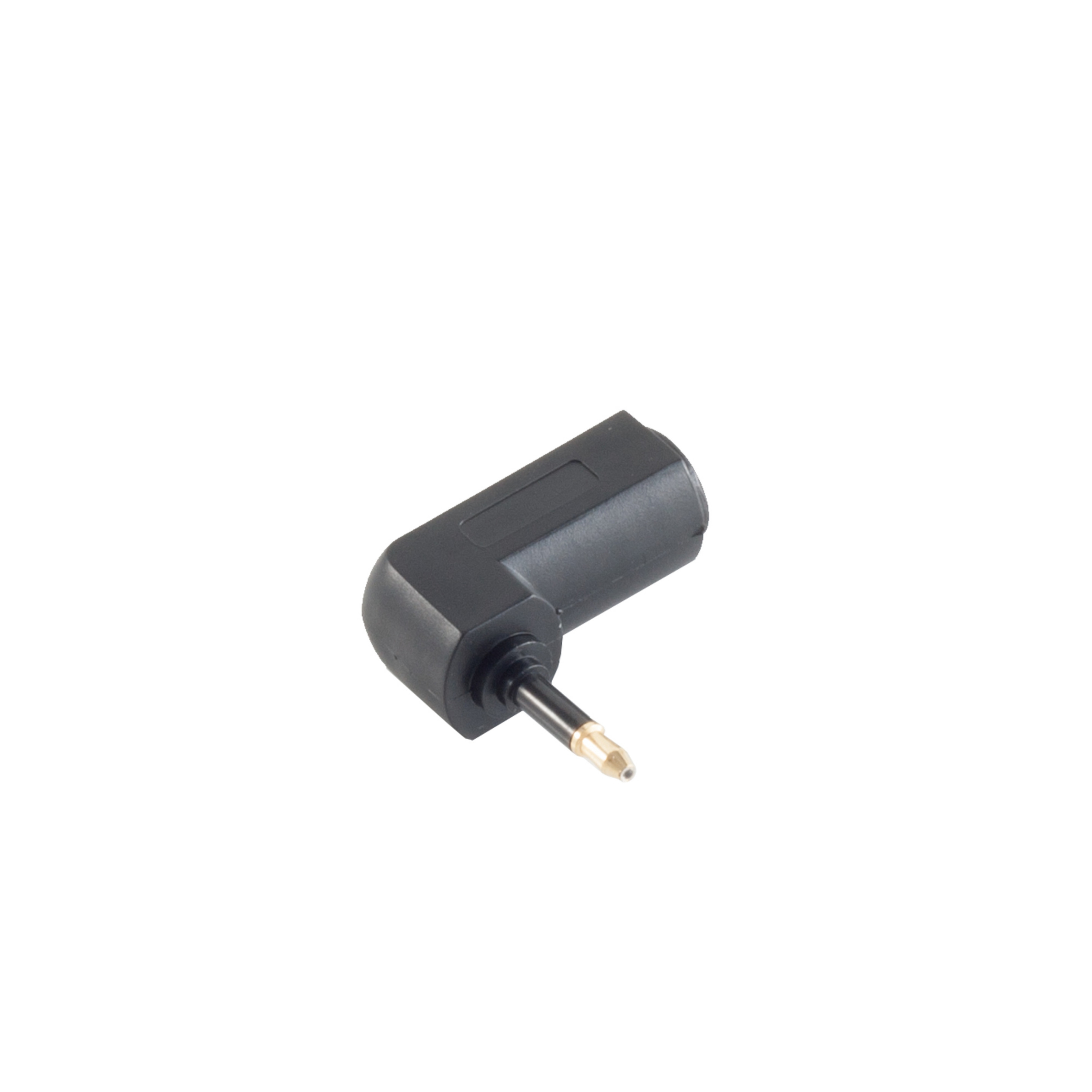 Schwarzer rechtwinkliger Audioadapter. Verfügt über eine goldfarbene Spitze und einen schwarzen Körper.