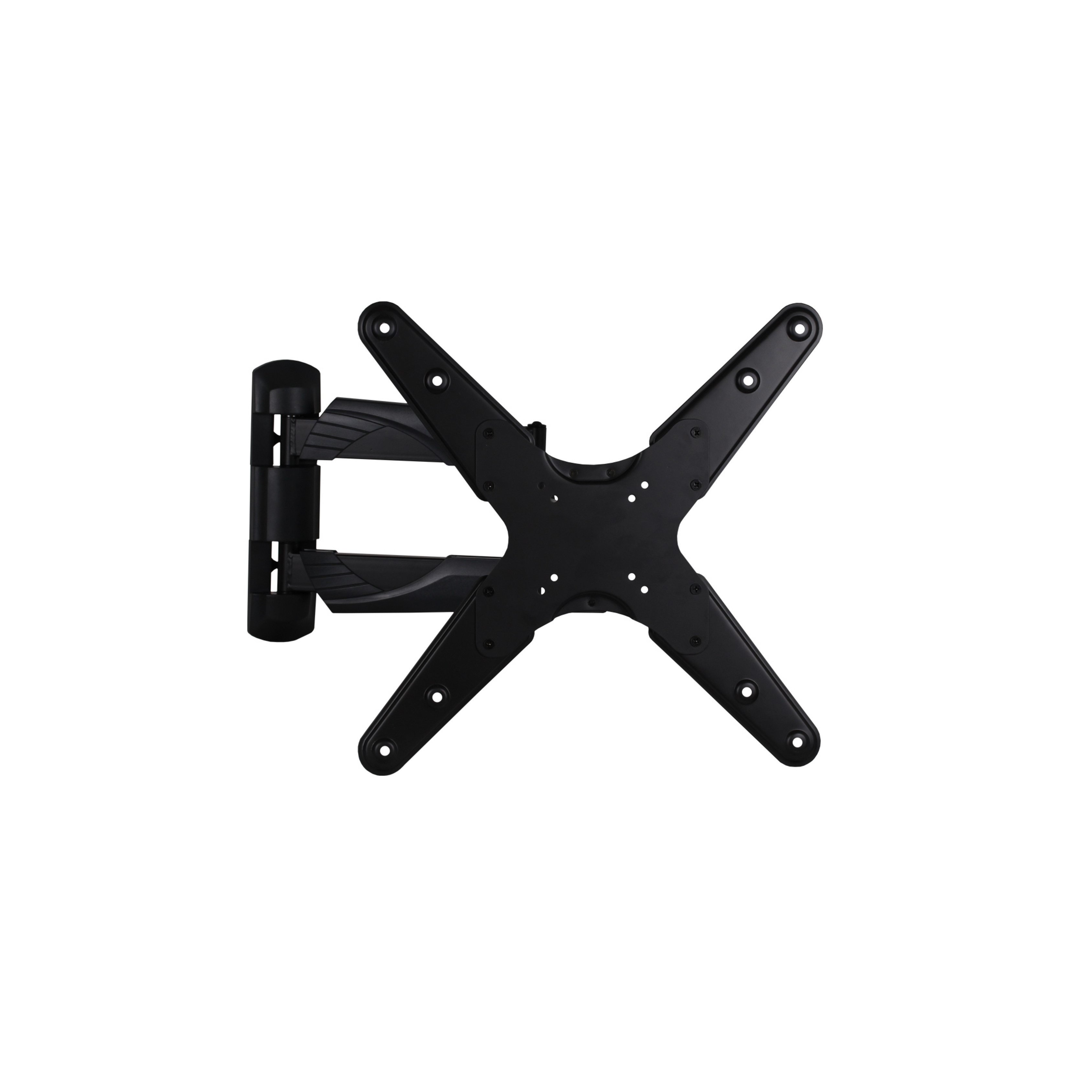 Schwarze TV-Wandhalterung mit X-förmiger Montageplatte und Gelenkarm.