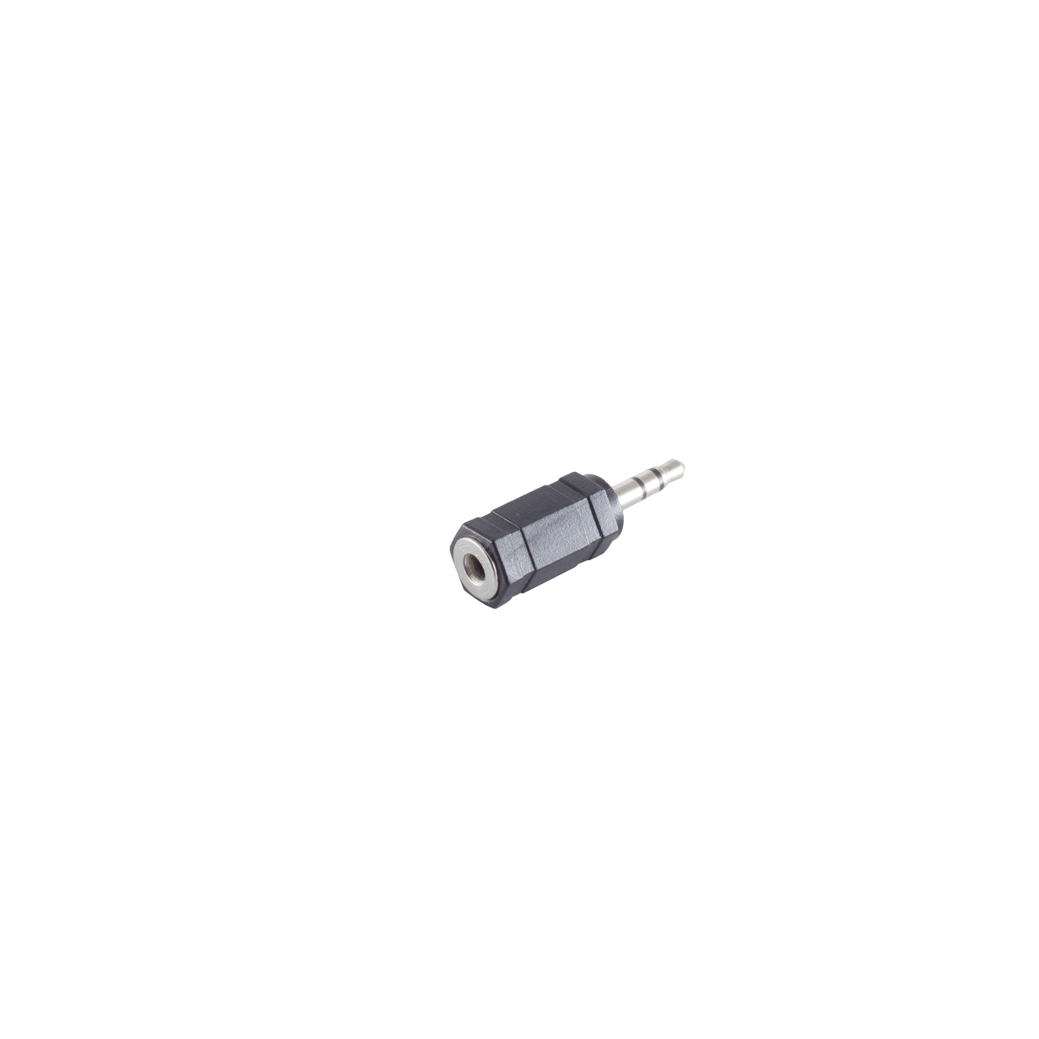 Schwarzer 3,5-mm-Audio-Klinkenadapter. Er befindet sich auf weißem Hintergrund. Der Adapter hat ein Buchsen- und Steckerende.