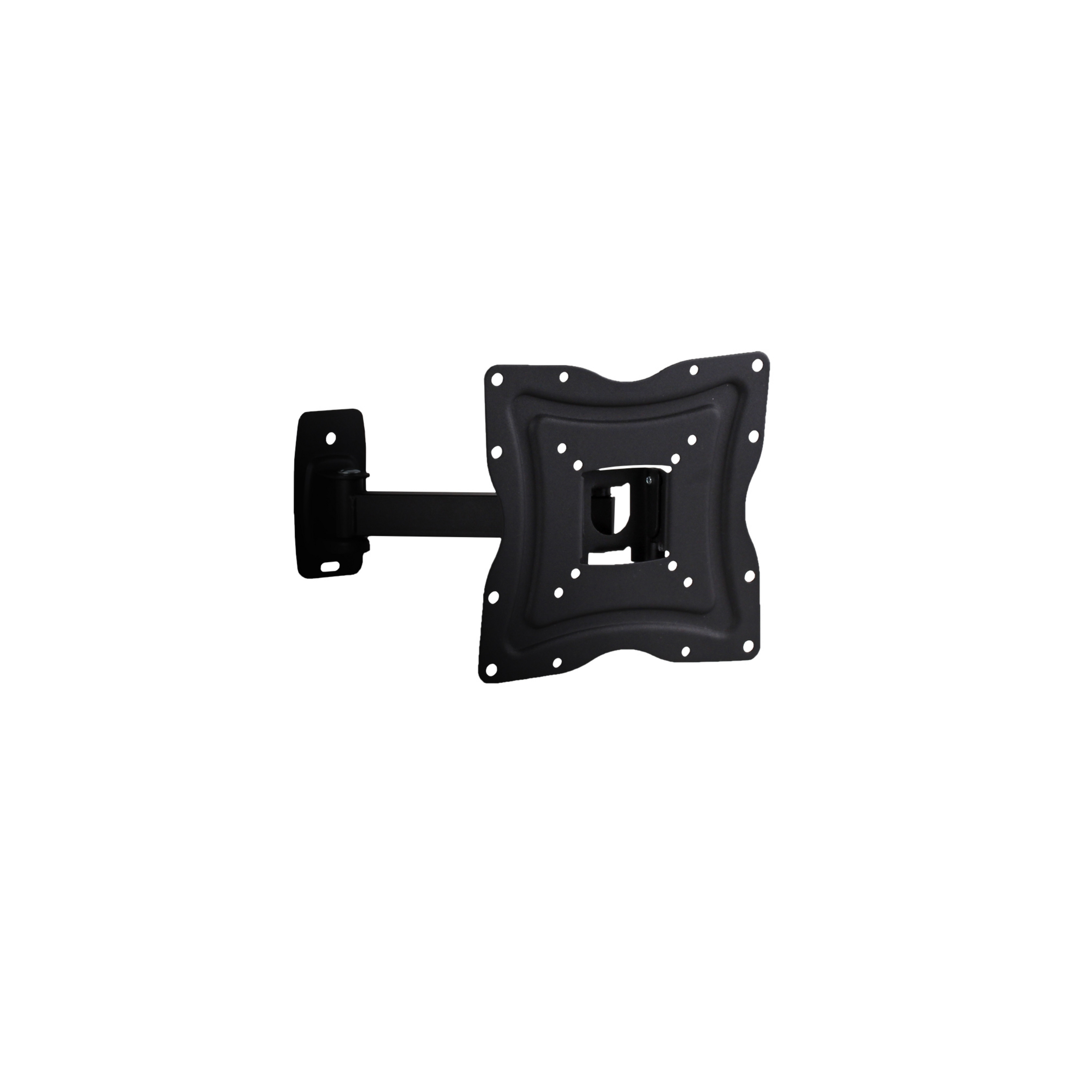 Eine schwarze, quadratische TV-Wandhalterung mit einem Arm, der sich nach links erstreckt, mit mehreren Befestigungslöchern.