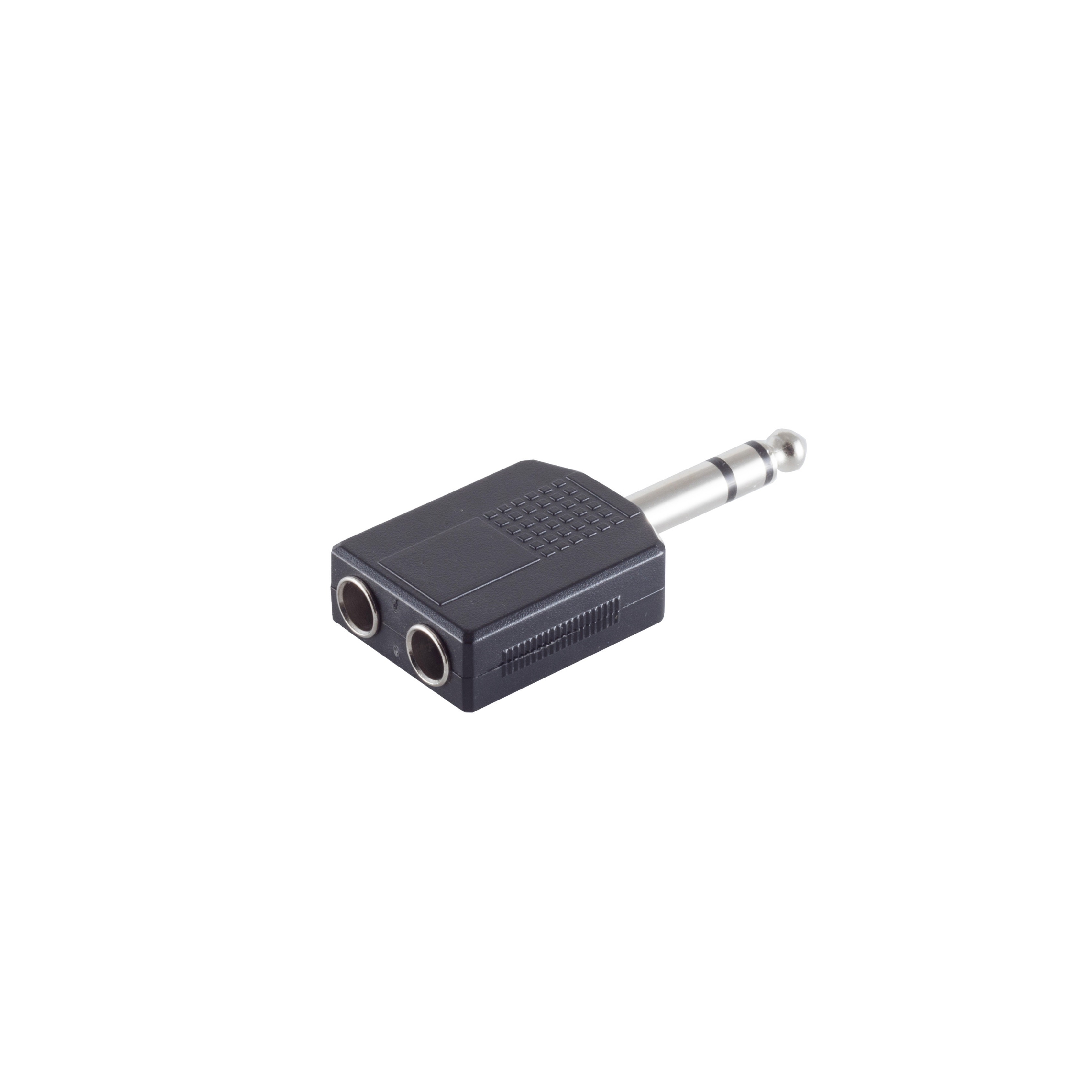 Schwarzer und silberner Audioadapter mit zwei Klinkeneingängen.