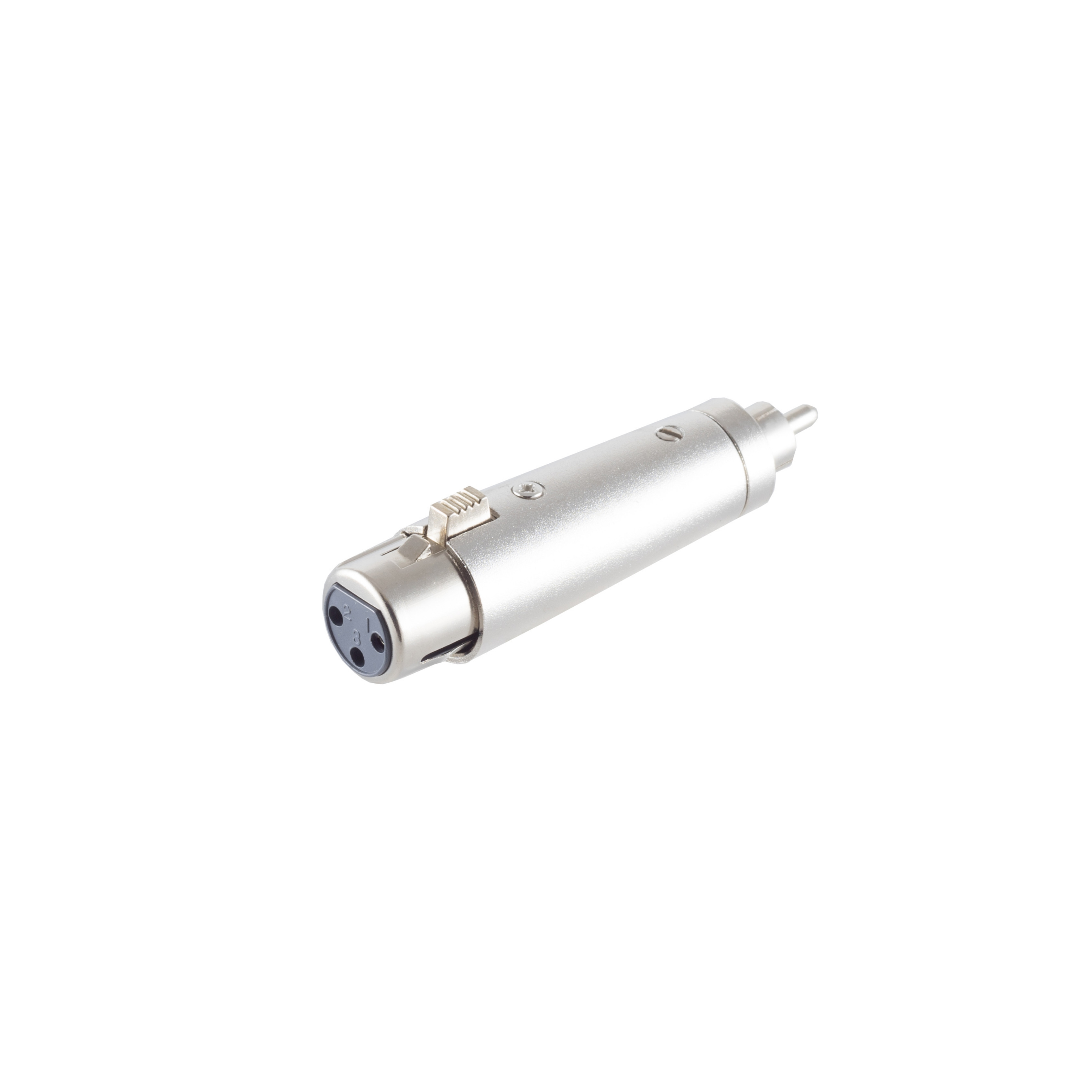 Silberner XLR-Anschluss auf weißem Hintergrund. Es ist ein Stecker-zu-Buchse-Adapter.